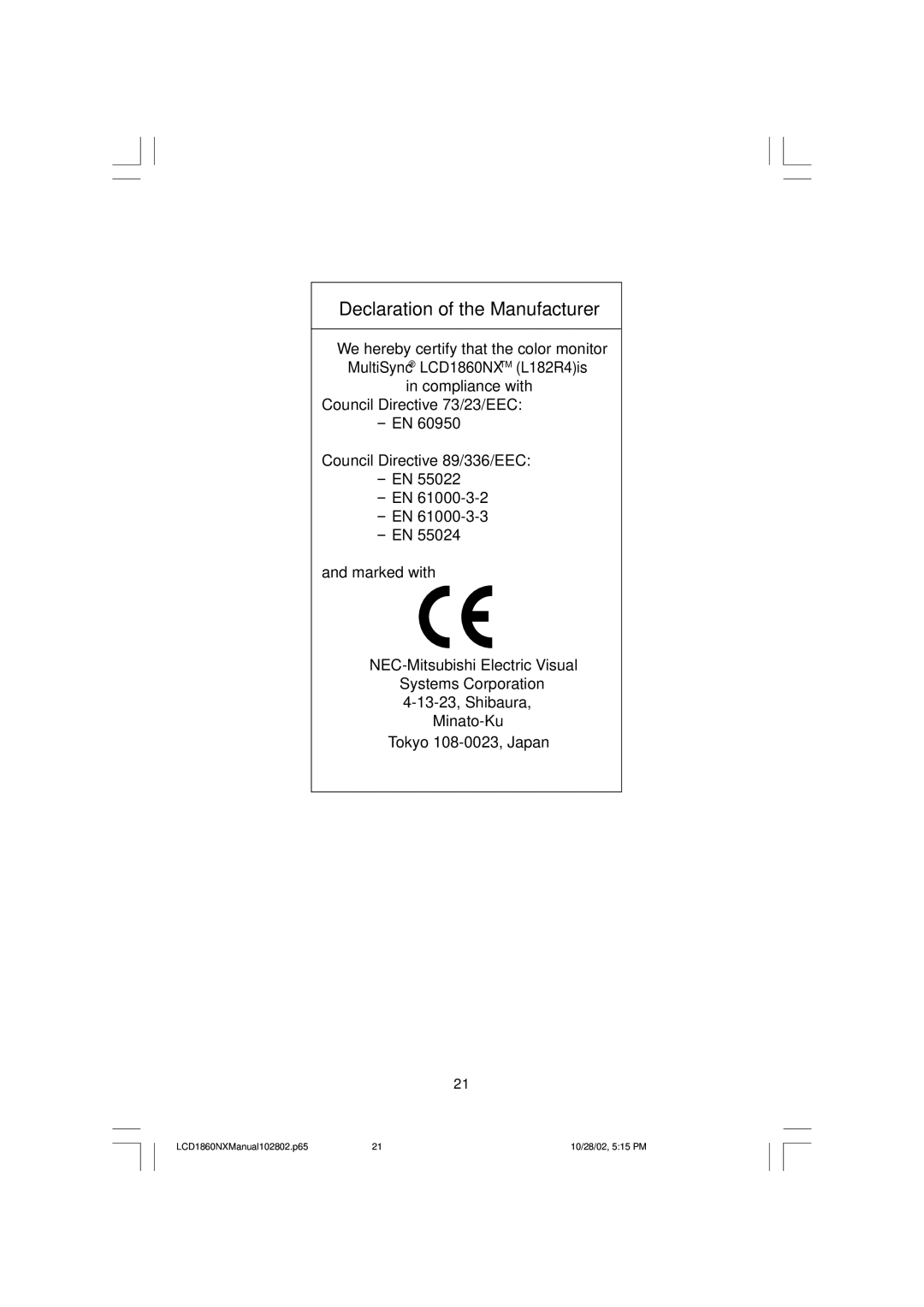 NEC L182R4, LCD1860NX manual Declaration of the Manufacturer 