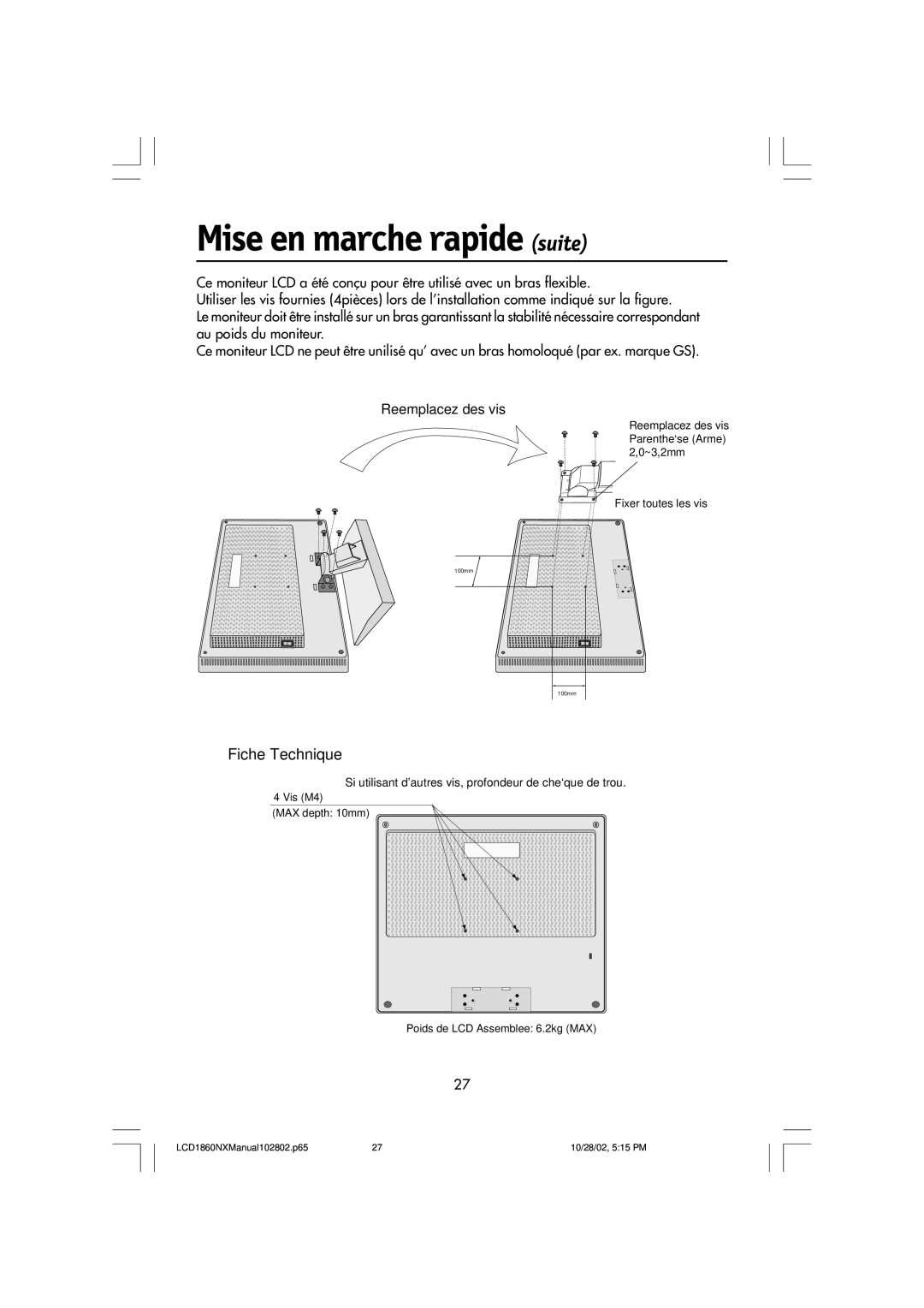 NEC L182R4, LCD1860NX manual Fiche Technique, Si utilisant dautres vis, profondeur de che`que de trou 