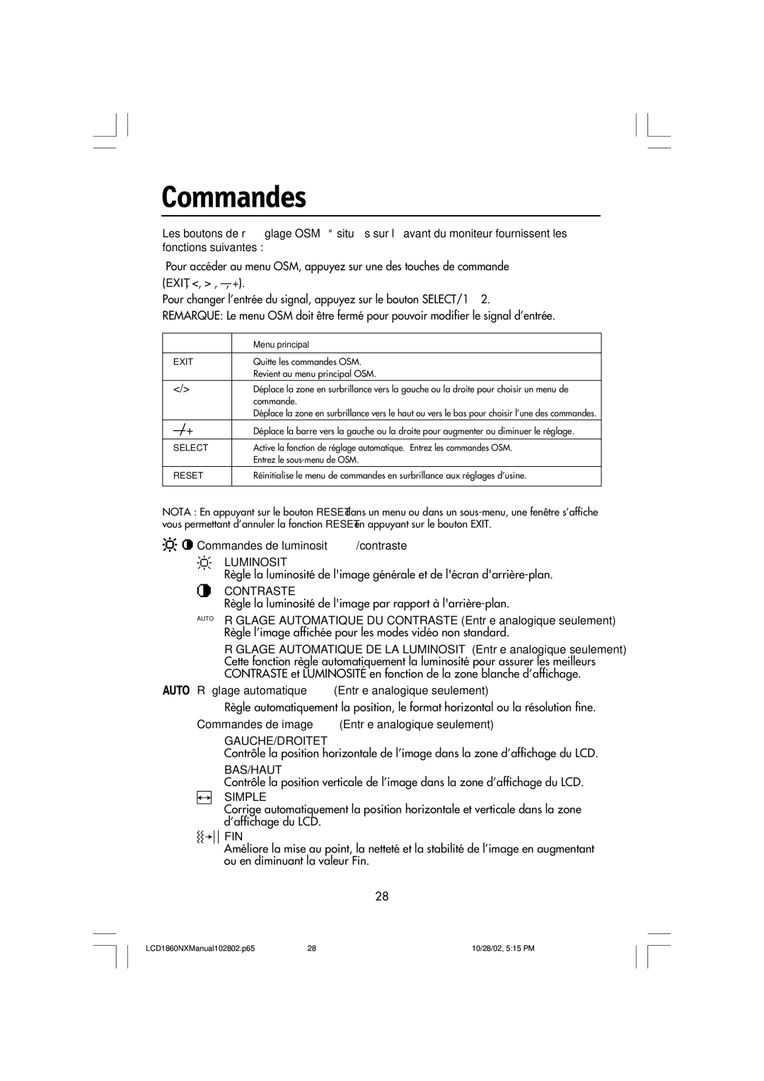 NEC LCD1860NX, L182R4 manual Commandes, Exit 