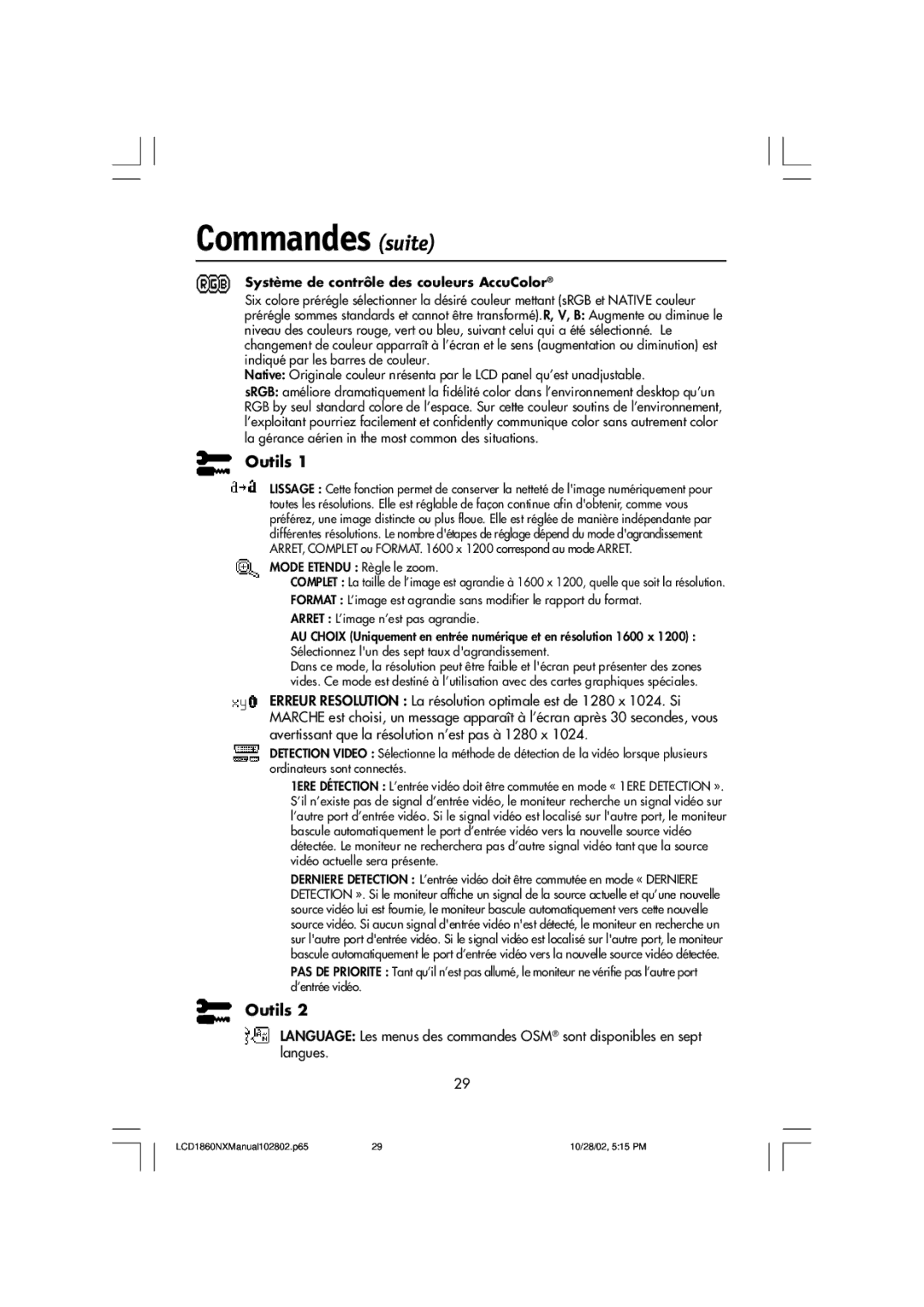 NEC L182R4, LCD1860NX manual Commandes suite, Outils 