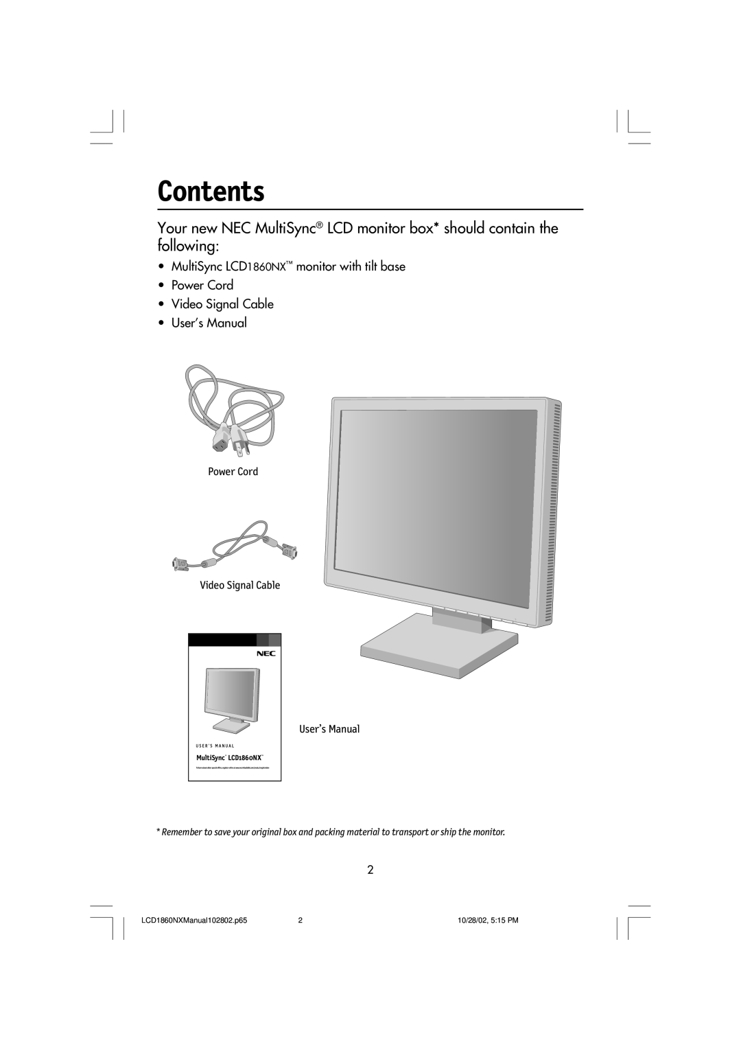 NEC LCD1860NX, L182R4 manual Contents 