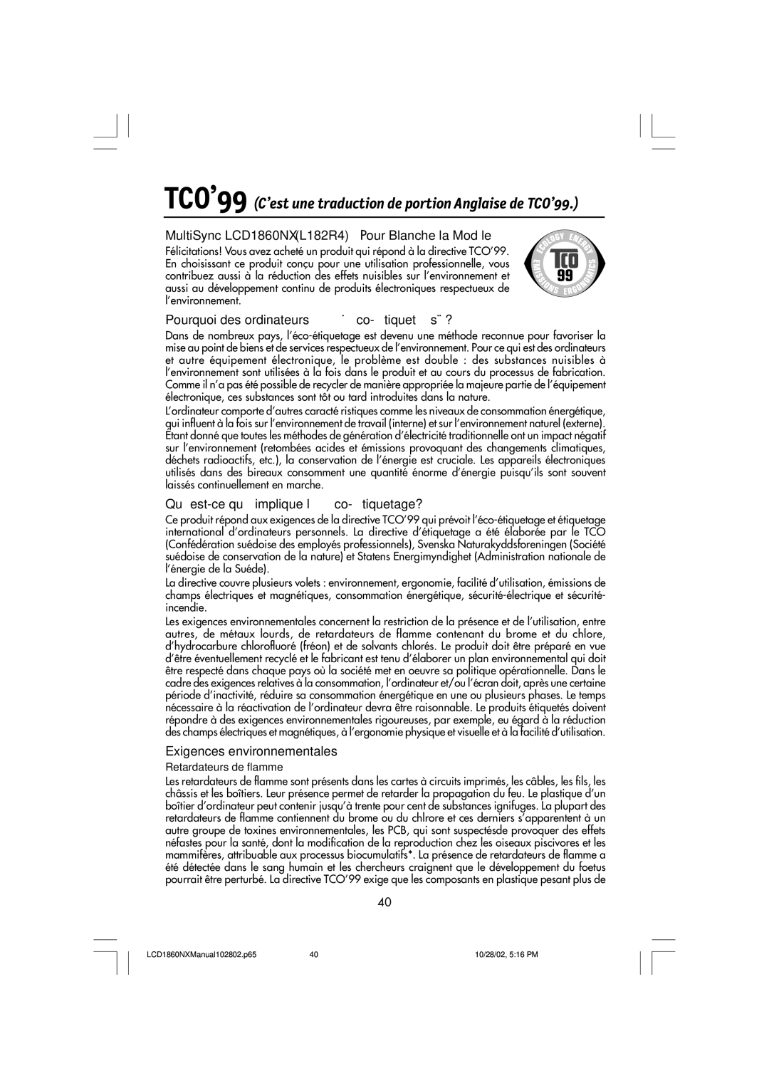 NEC manual TCO’99 C’est une traduction de portion Anglaise de TCO’99, MultiSync LCD1860NX L182R4 Pour Blanche la Modéle 