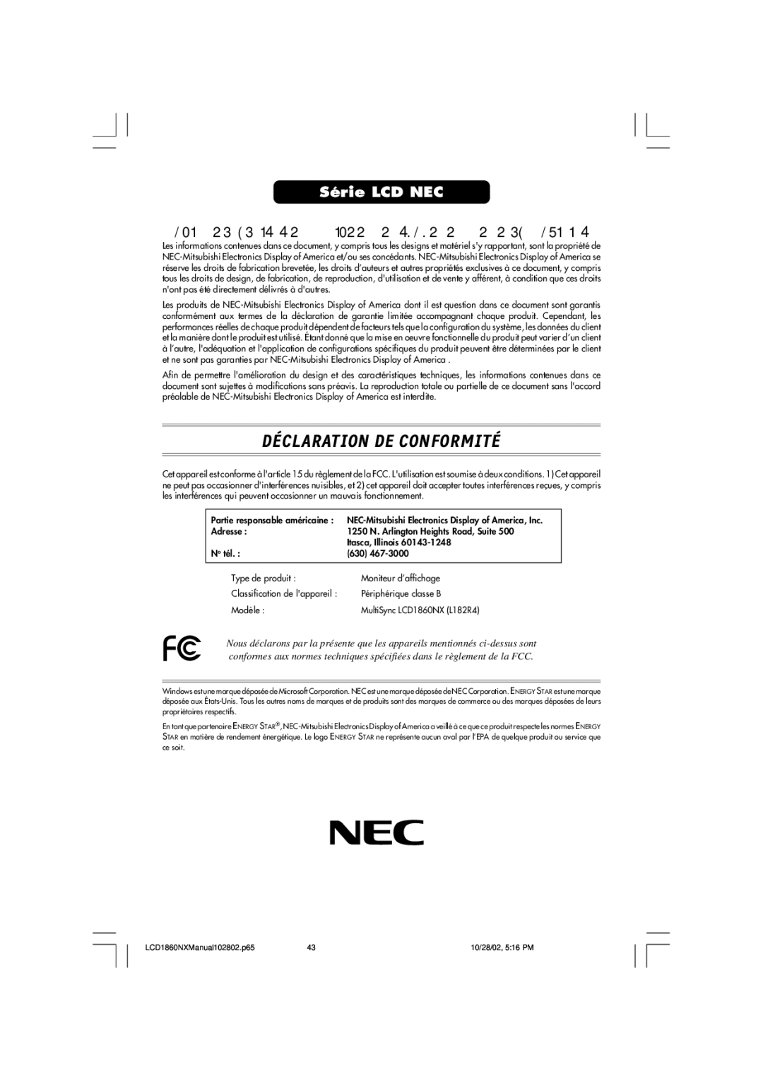 NEC L182R4, LCD1860NX manual Déclaration DE Conformité 