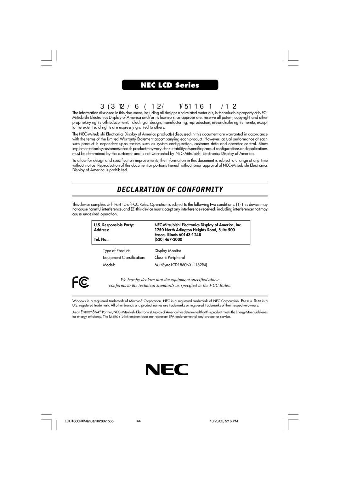 NEC LCD1860NX, L182R4 manual Declaration of Conformity 