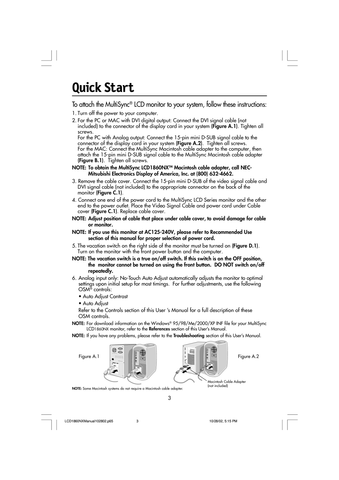 NEC L182R4, LCD1860NX manual Quick Start, Figure A.1 