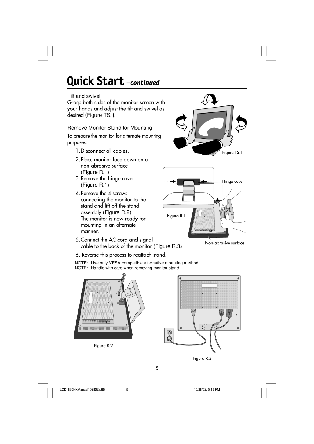 NEC L182R4, LCD1860NX manual Tilt and swivel, Remove Monitor Stand for Mounting 