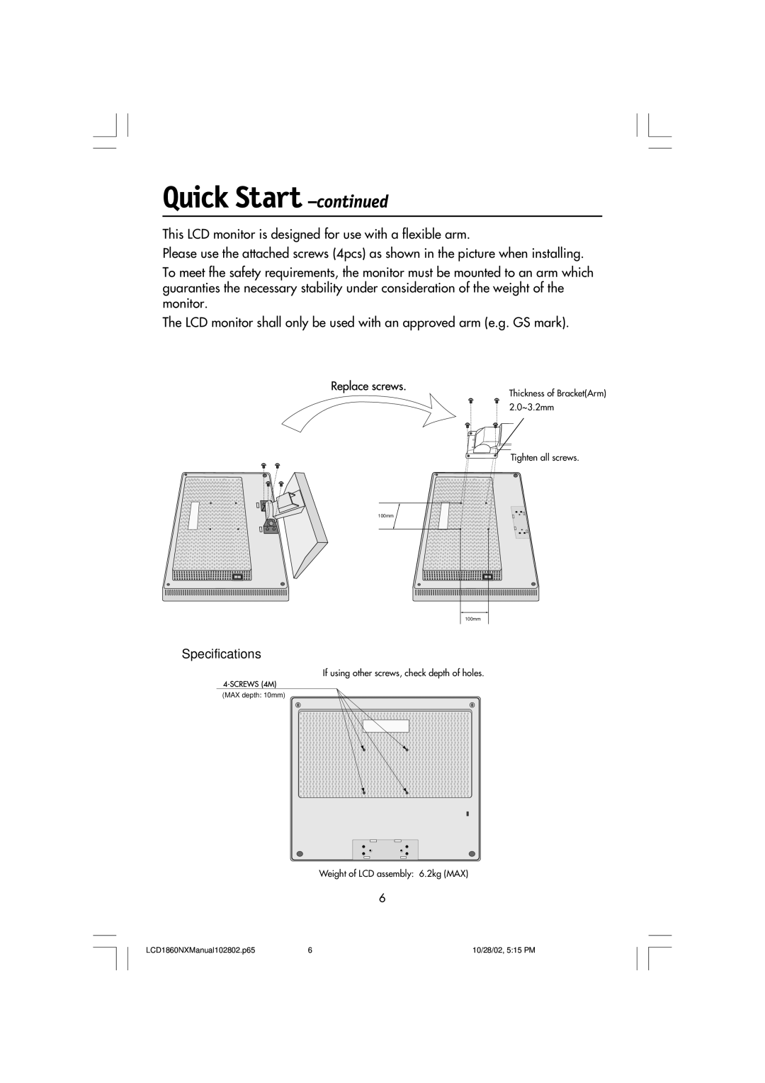 NEC LCD1860NX, L182R4 manual Specifications 