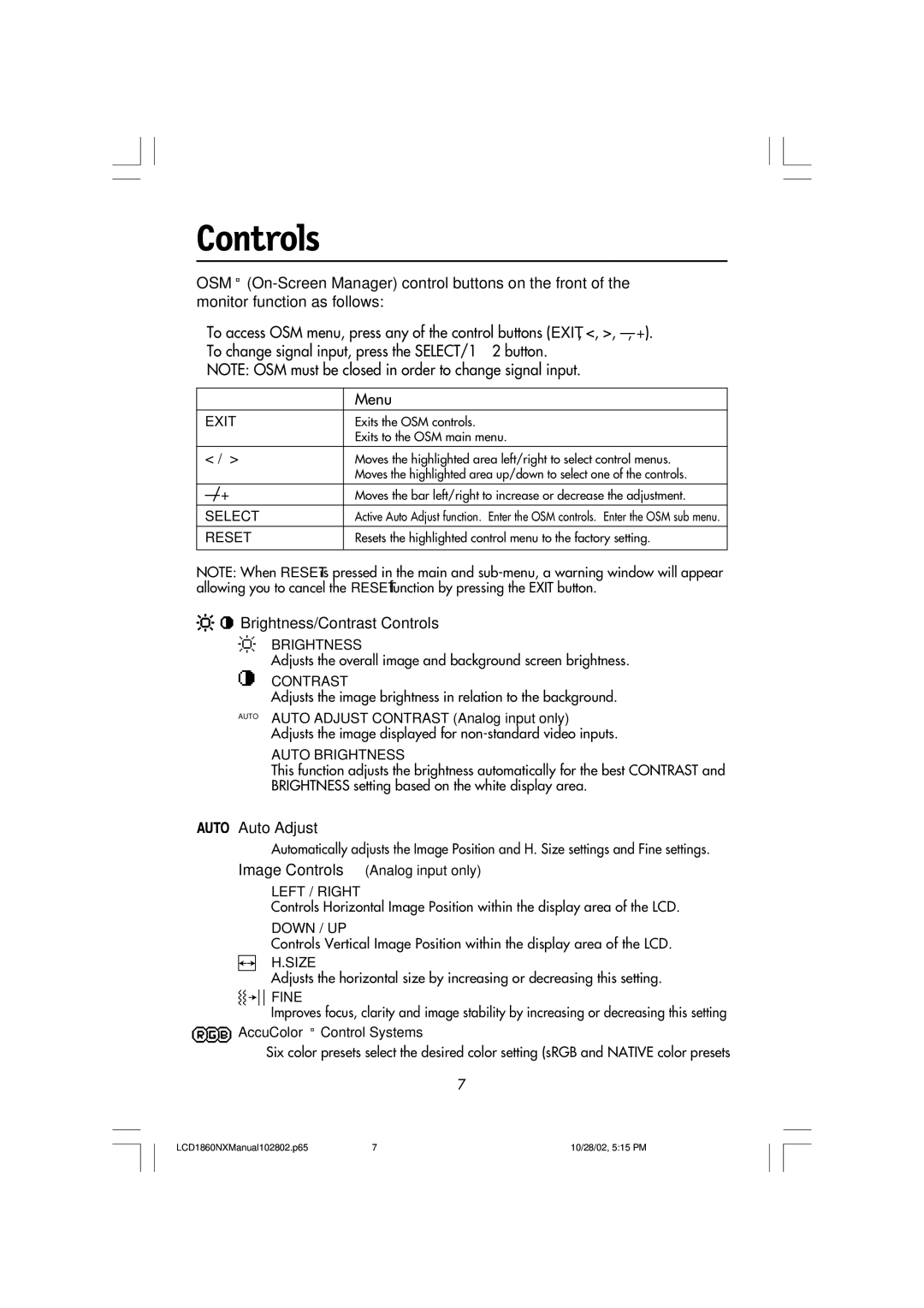 NEC L182R4, LCD1860NX manual Brightness/Contrast Controls, Auto Adjust 