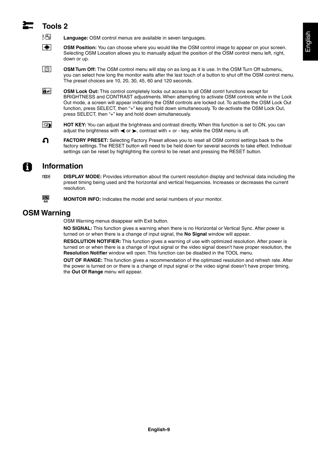 NEC LCD1860NX user manual Information, OSM Warning, English-9 