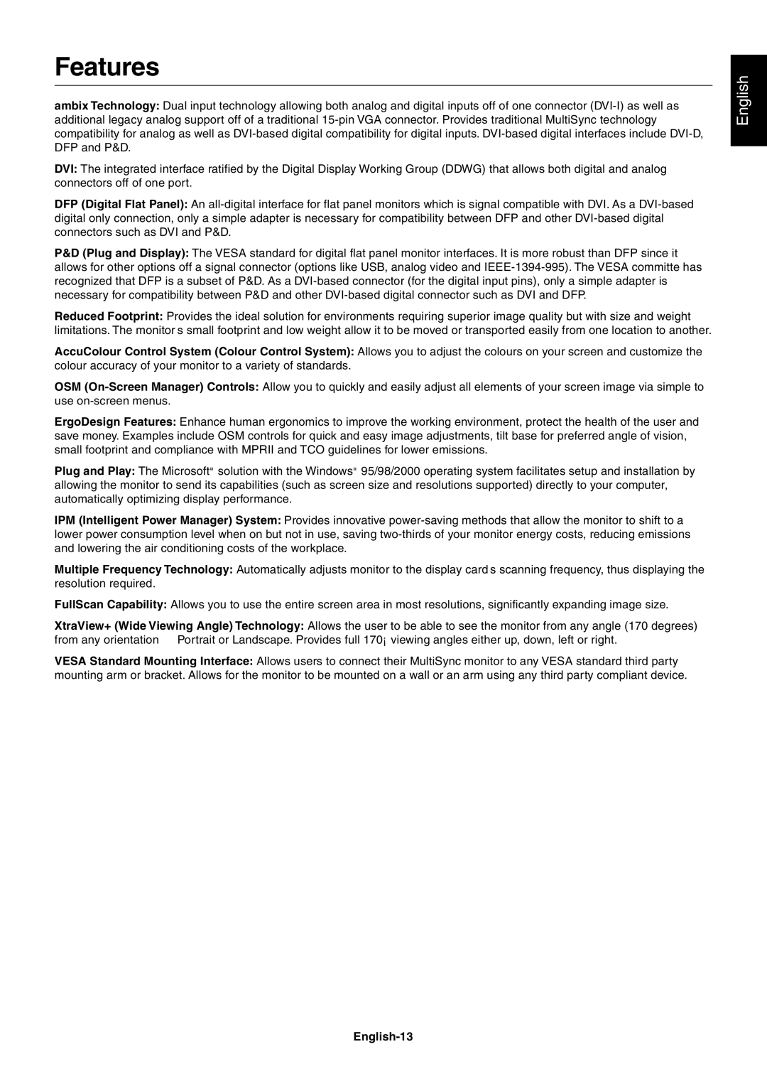 NEC LCD1860NX user manual Features, English-13 