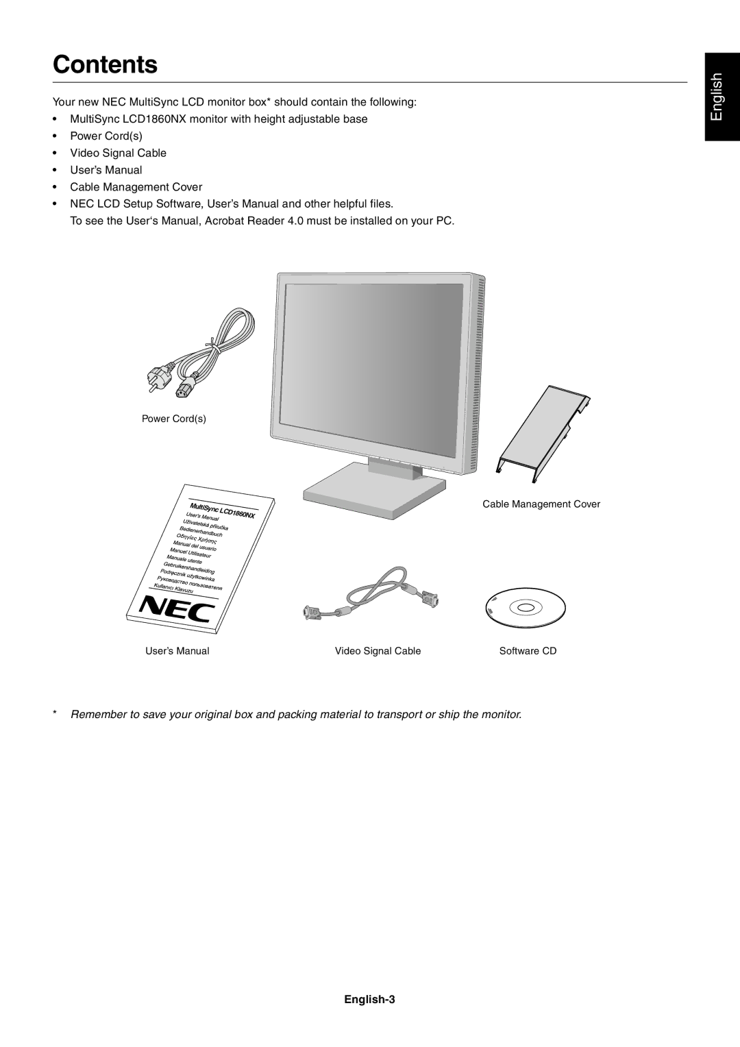 NEC LCD1860NX user manual Contents 