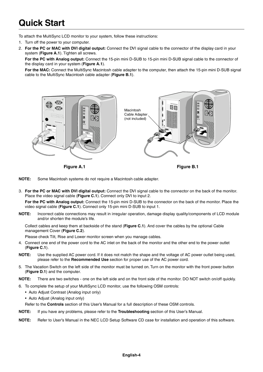 NEC LCD1860NX user manual Quick Start, English-4 