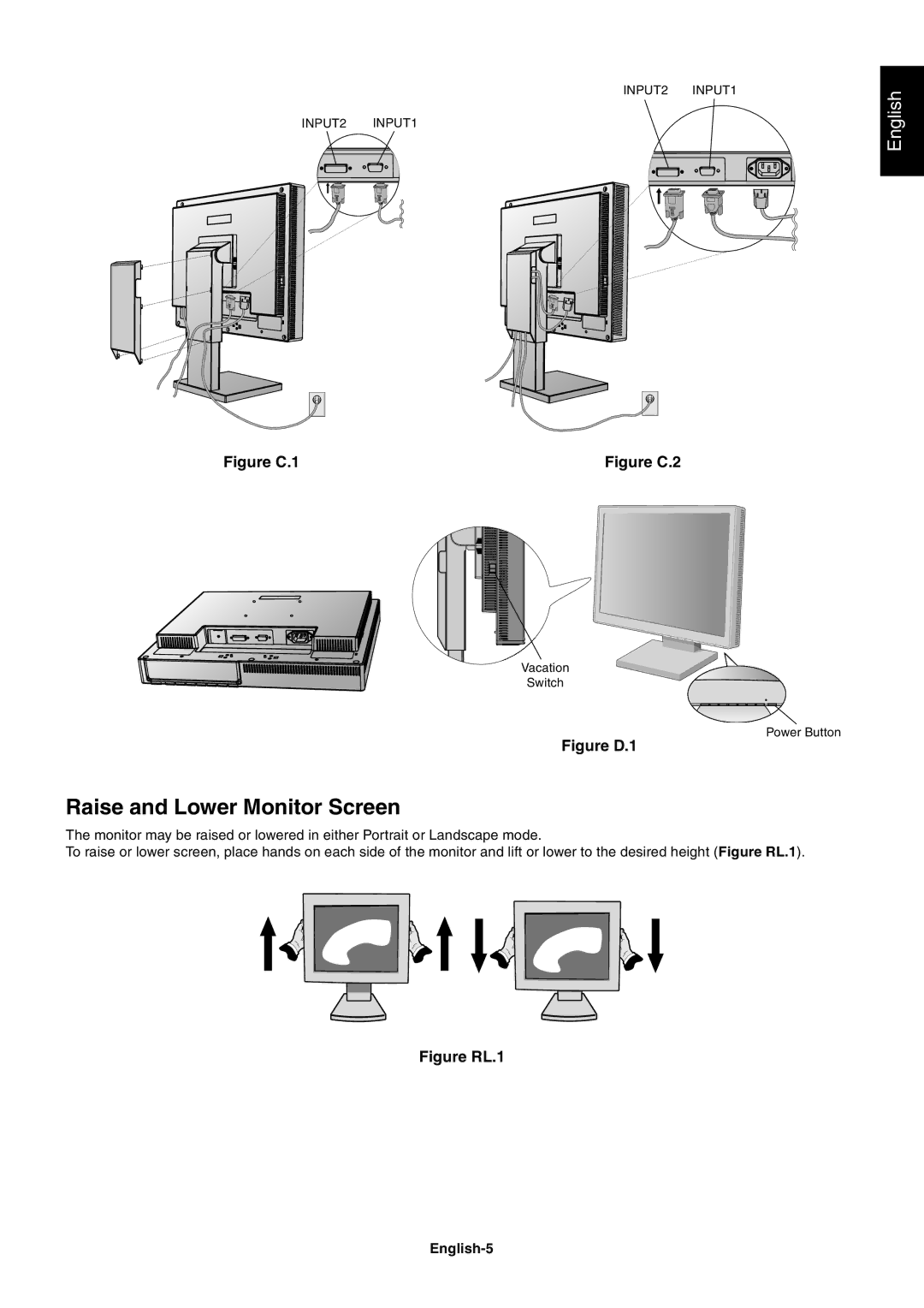 NEC LCD1860NX user manual Raise and Lower Monitor Screen, English-5 