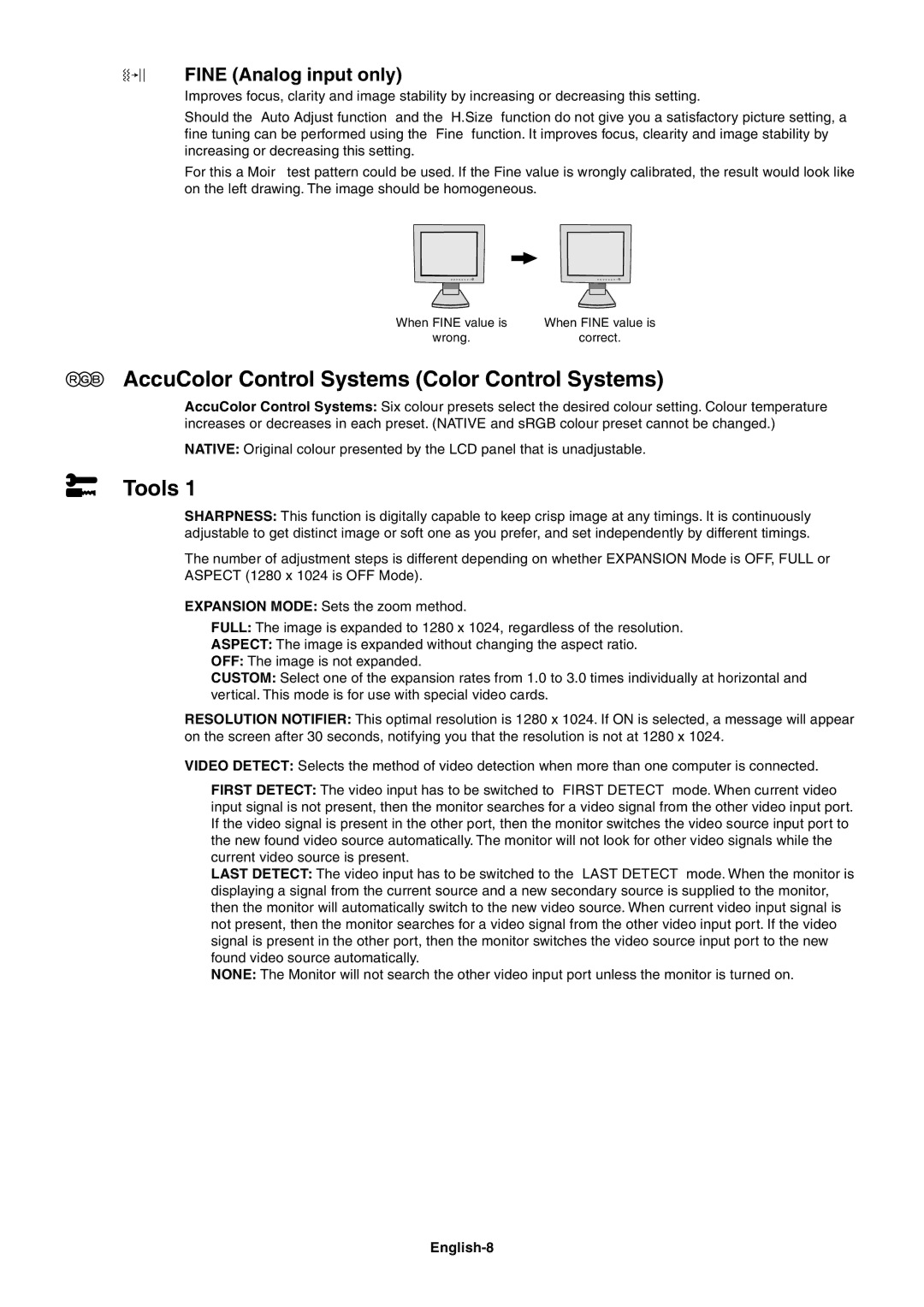 NEC LCD1860NX user manual AccuColor Control Systems Color Control Systems, Tools, English-8 