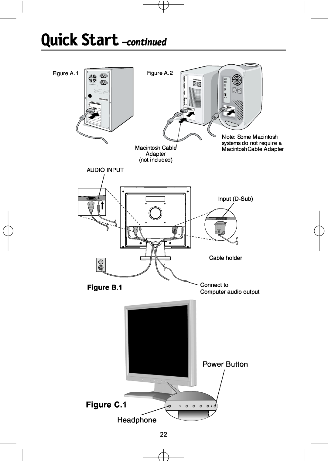 NEC LCD1904M, LCD1704M, LCD1504M manual Quick Start -continued, Figure B.1, Figure C.1, Headphone, Power Button, Audio Input 
