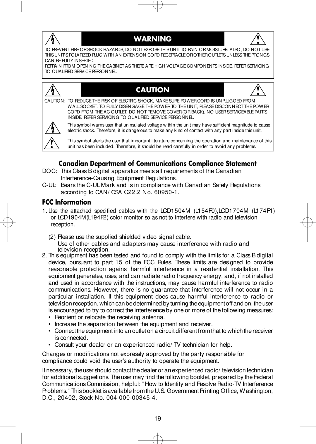 NEC LCD1904M, LCD1704M, LCD1504M manual Canadian Department of Communications Compliance Statement 