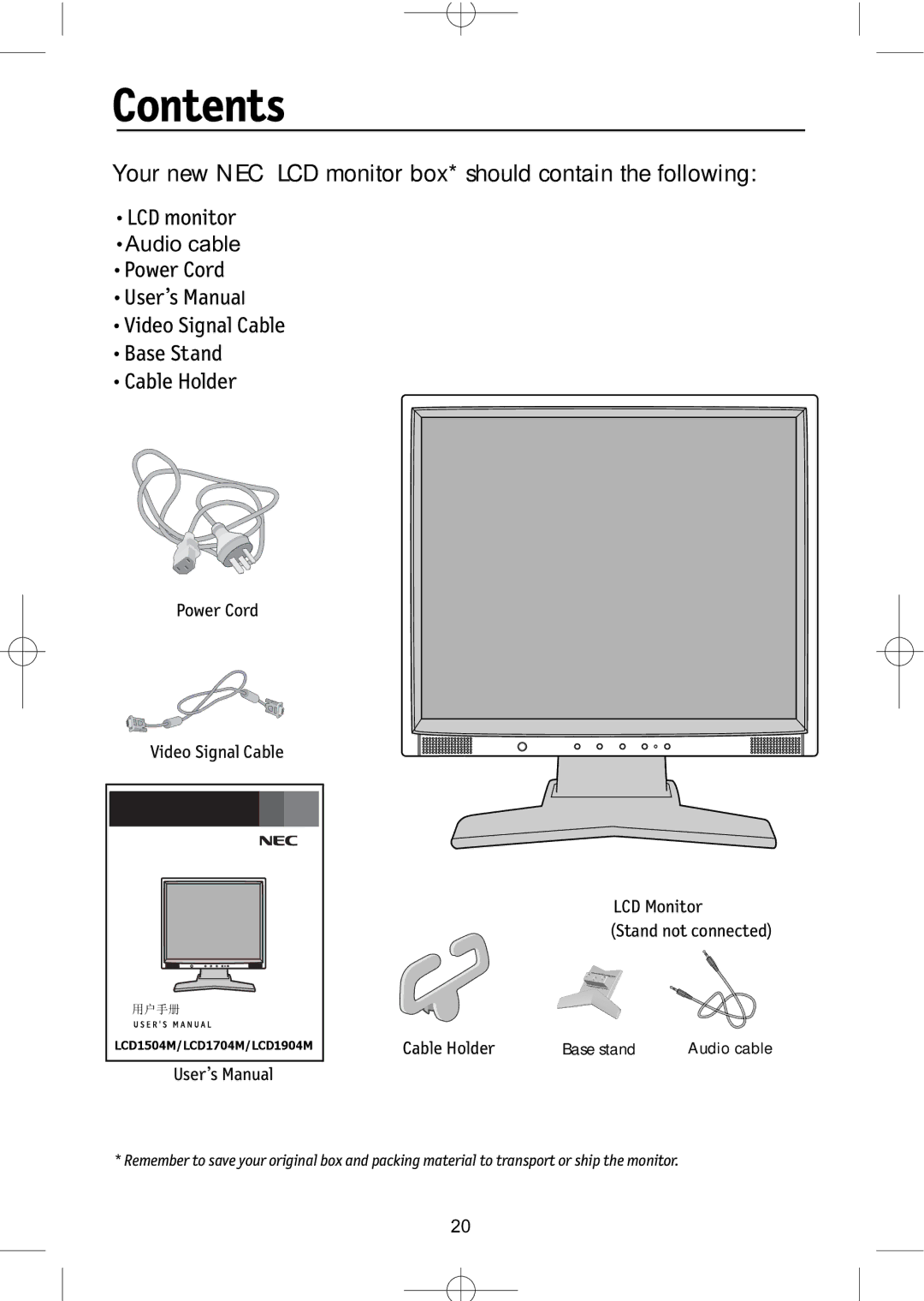 NEC LCD1704M, LCD1904M, LCD1504M manual Contents 