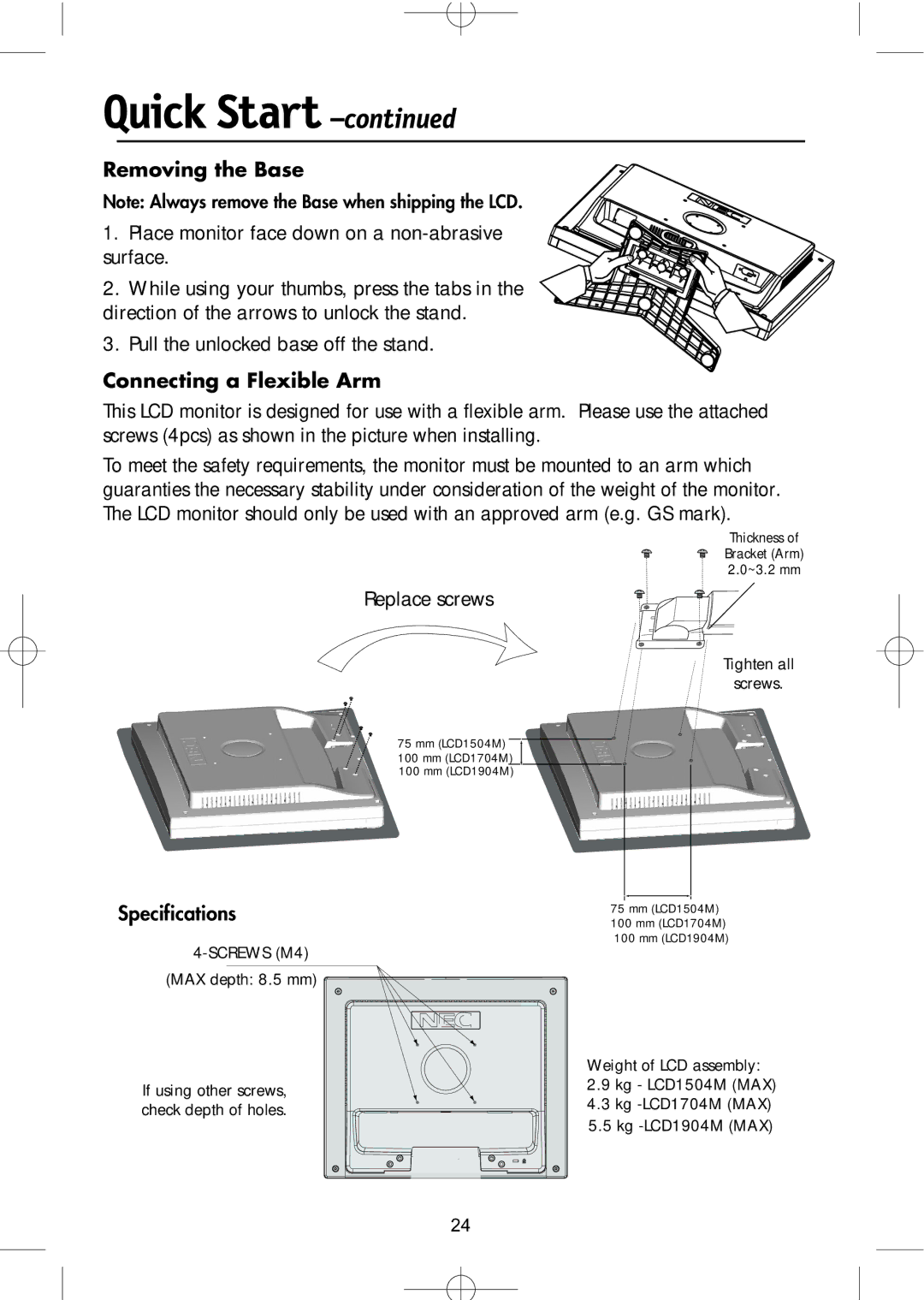 NEC LCD1504M, LCD1904M, LCD1704M manual Removing the Base 