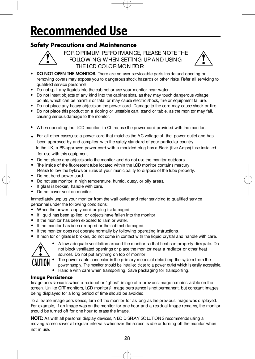 NEC LCD1904M, LCD1704M, LCD1504M manual Recommended Use, Safety Precautions and Maintenance 