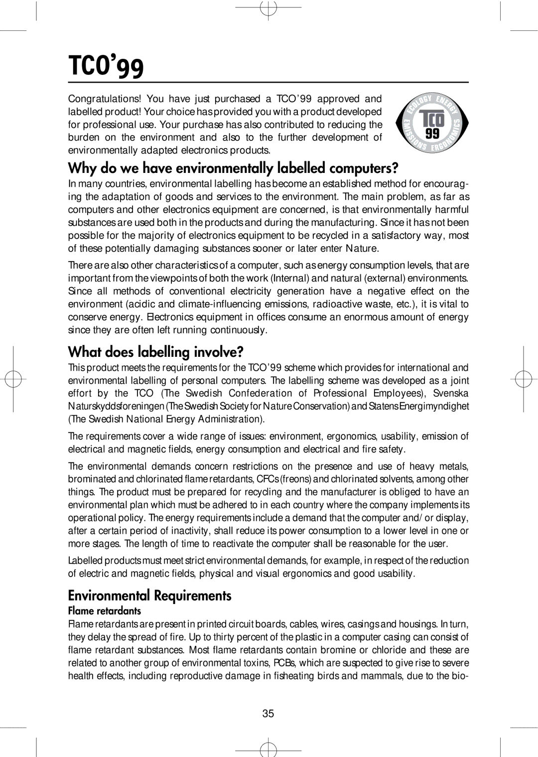 NEC LCD1704M, LCD1904M, LCD1504M TCO’99, Why do we have environmentally labelled computers?, What does labelling involve? 