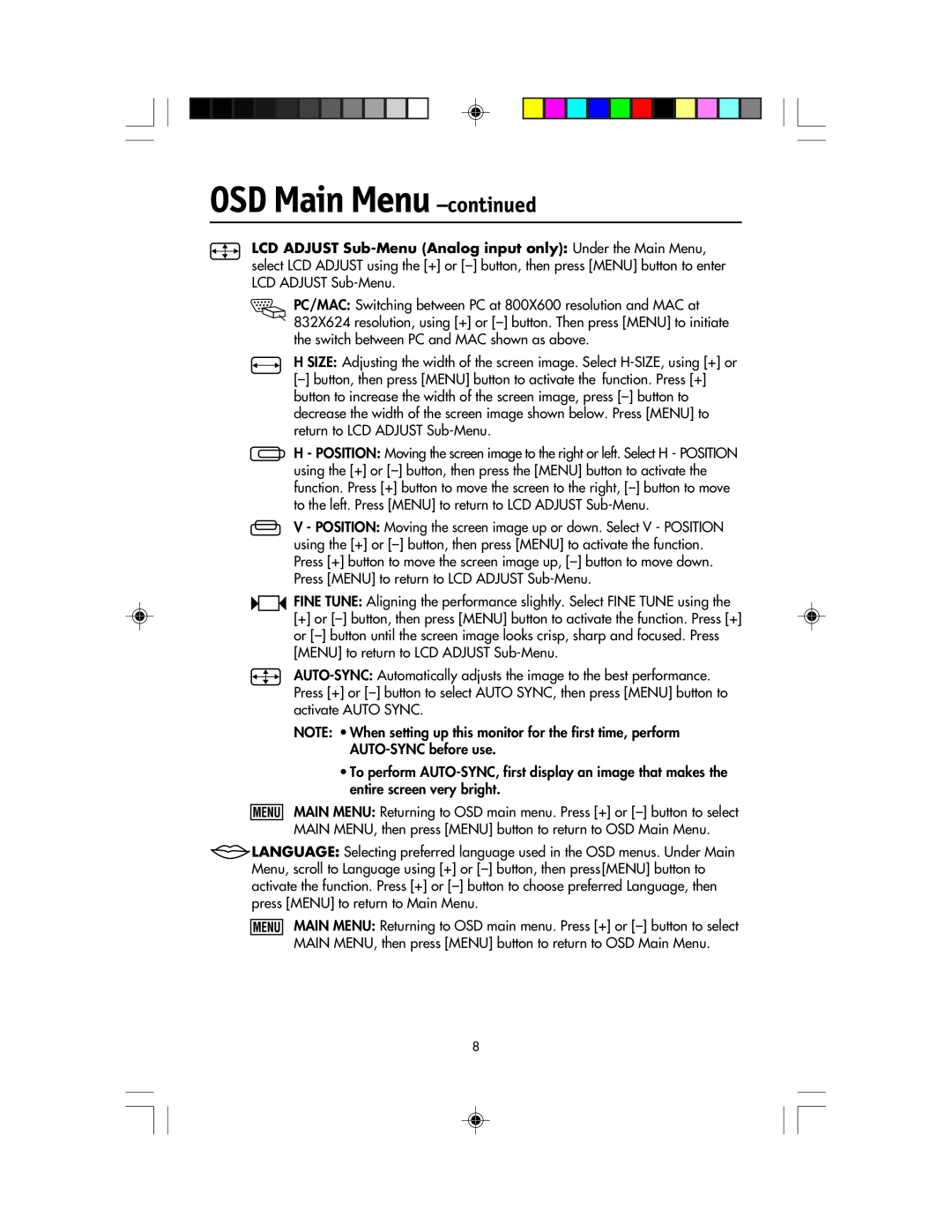 NEC LCD1920NX manual OSD Main Menu -continued 