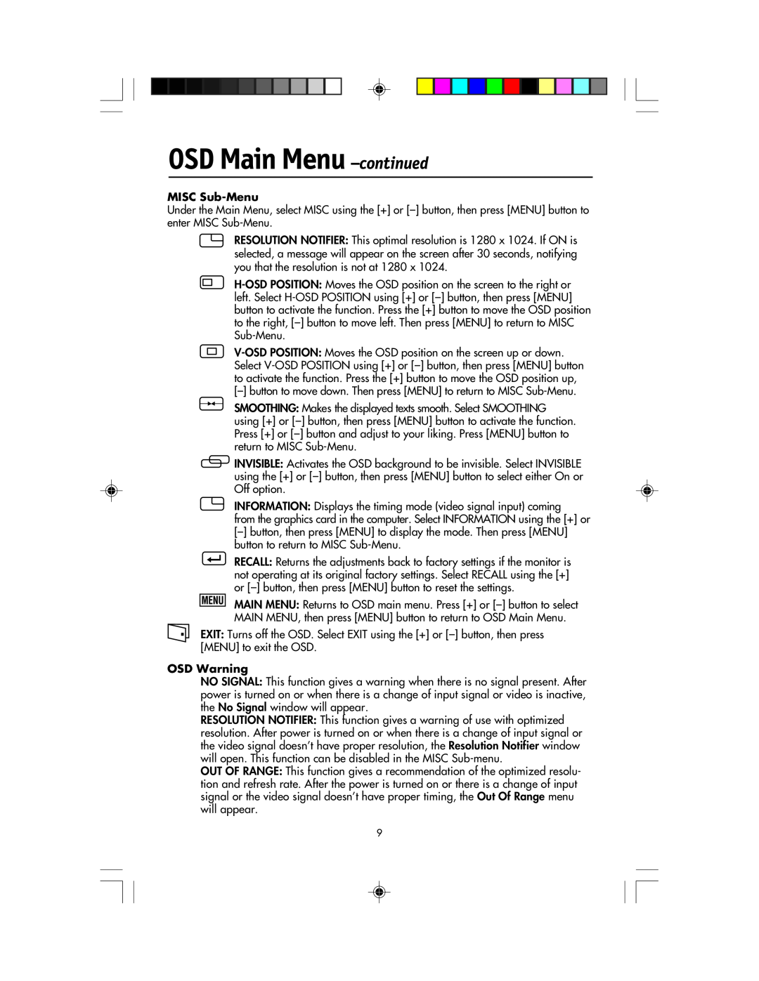 NEC LCD1920NX manual OSD Main Menu -continued, MISC Sub-Menu, OSD Warning 