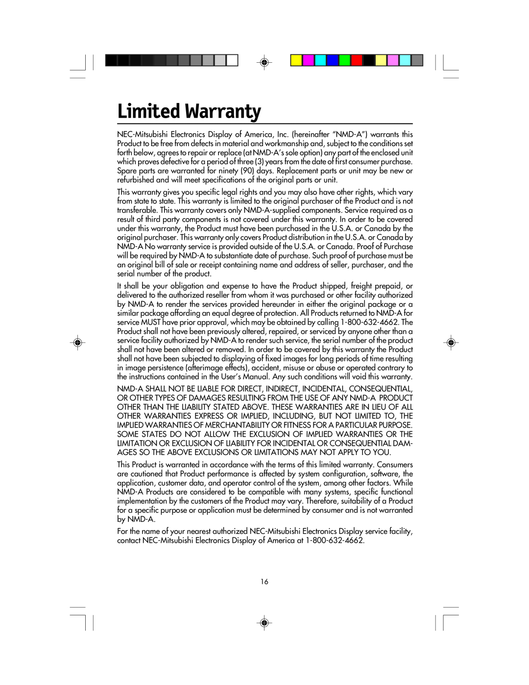 NEC LCD1920NX manual Limited Warranty 