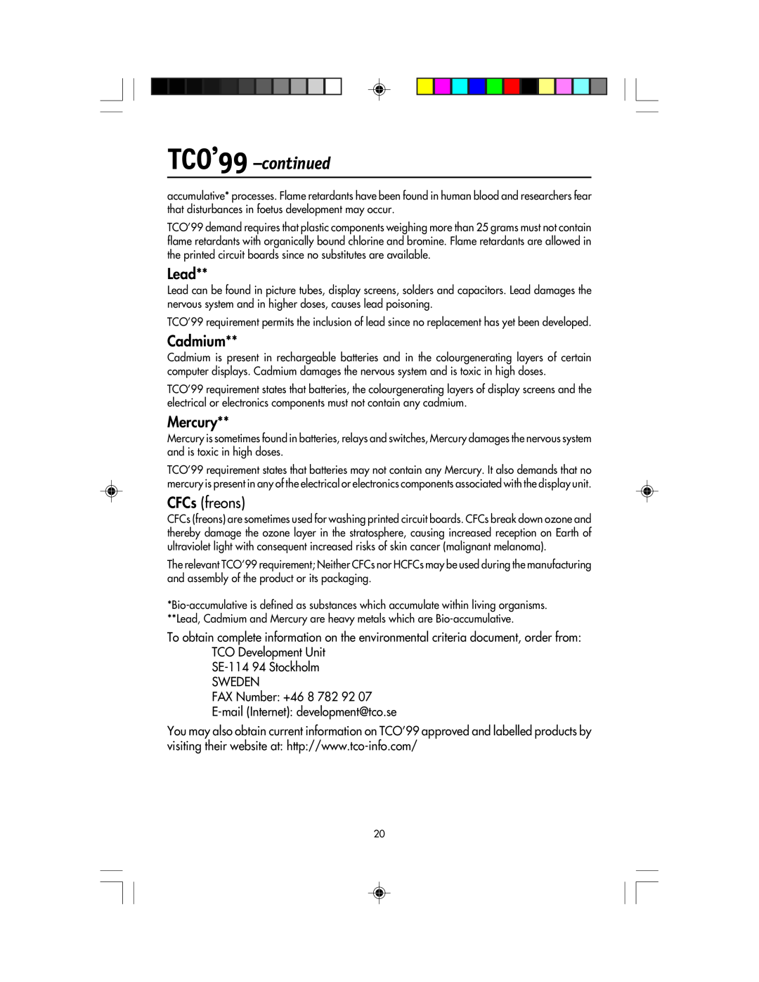 NEC LCD1920NX manual TCO’99 -continued, Lead, Cadmium, Mercury, CFCs freons 