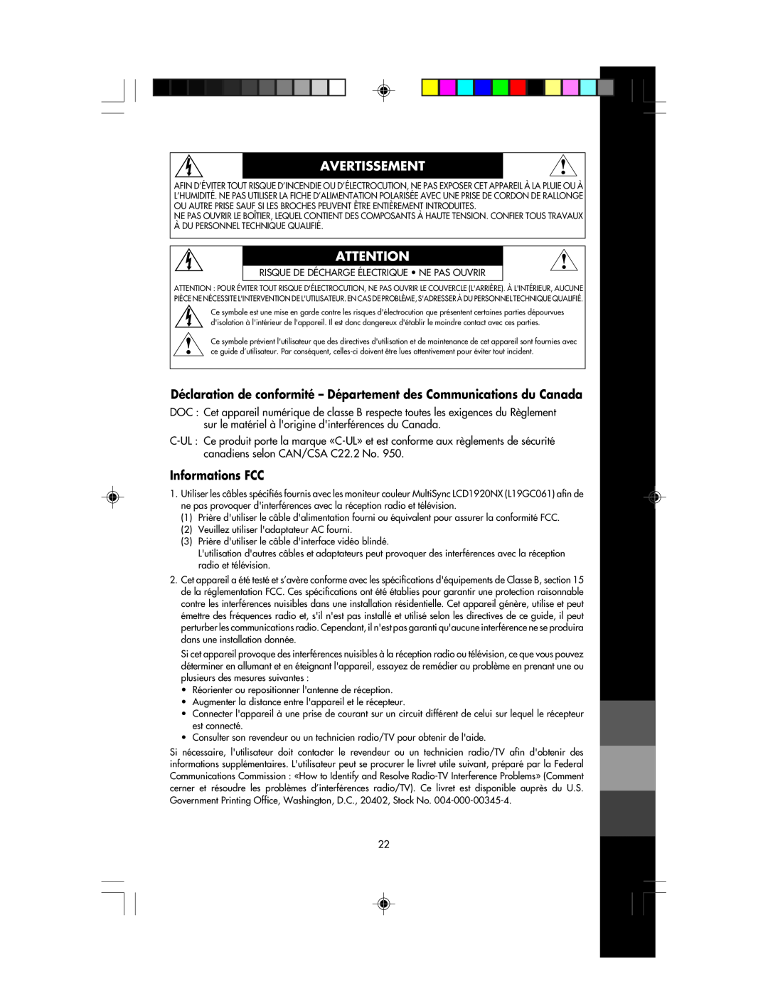 NEC LCD1920NX manual Avertissement, Déclaration de conformité - Département des Communications du Canada, Informations FCC 