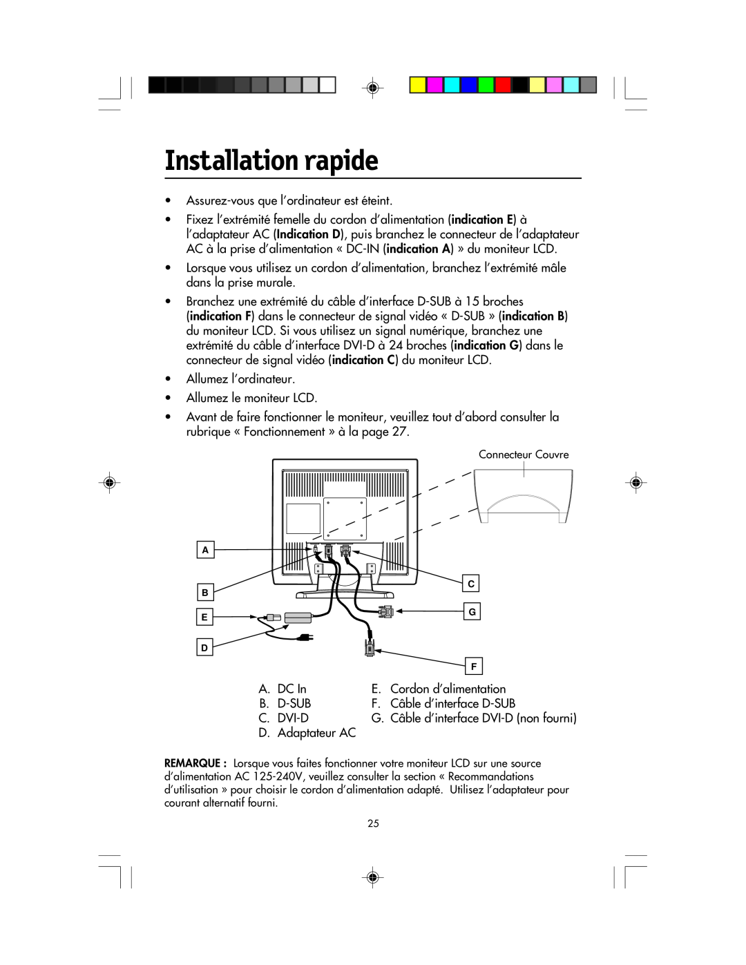 NEC LCD1920NX manual Installation rapide, Connecteur Couvre 