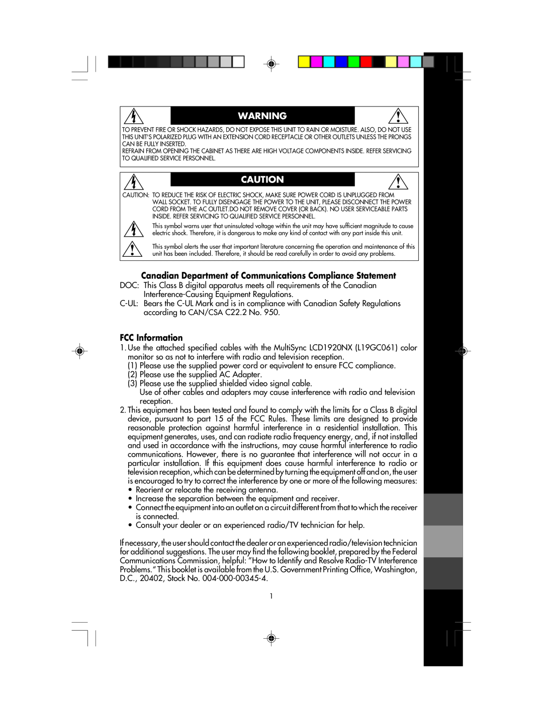 NEC LCD1920NX manual Canadian Department of Communications Compliance Statement, FCC Information 
