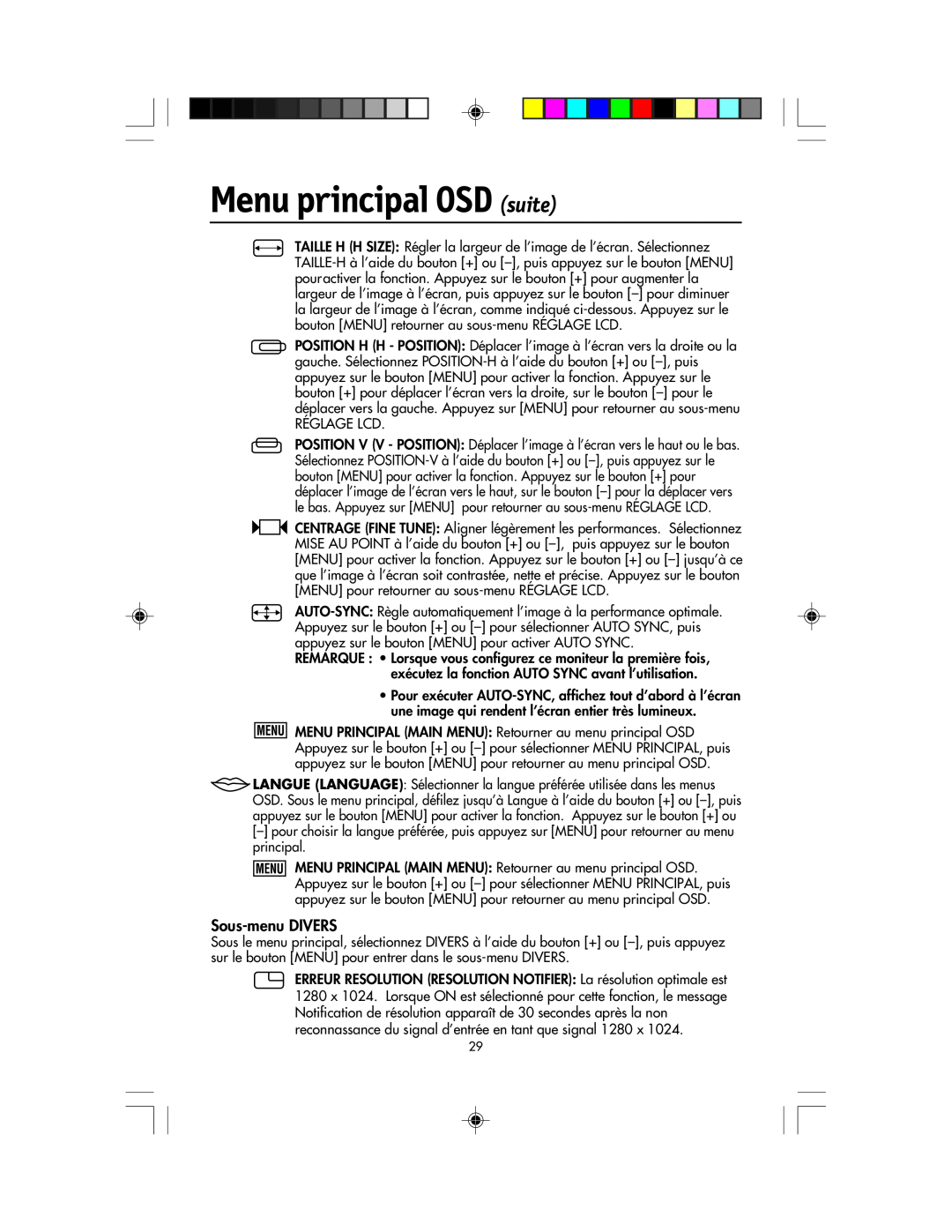 NEC LCD1920NX manual Menu principal OSD suite, Sous-menu DIVERS 