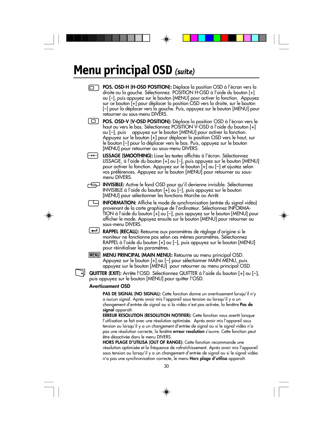 NEC LCD1920NX manual Menu principal OSD suite, Avertissement OSD 