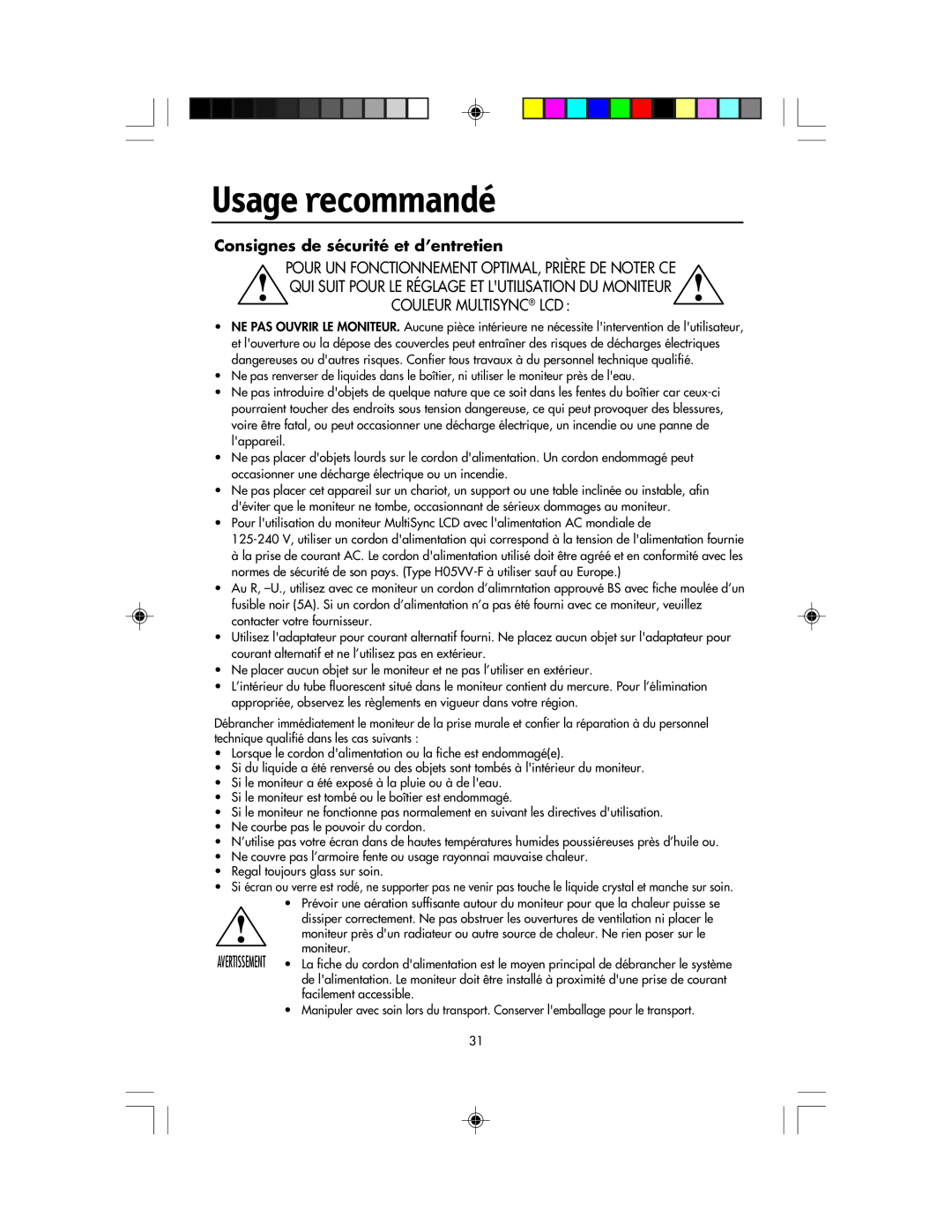 NEC LCD1920NX manual Usage recommandé, Consignes de sécurité et d’entretien 