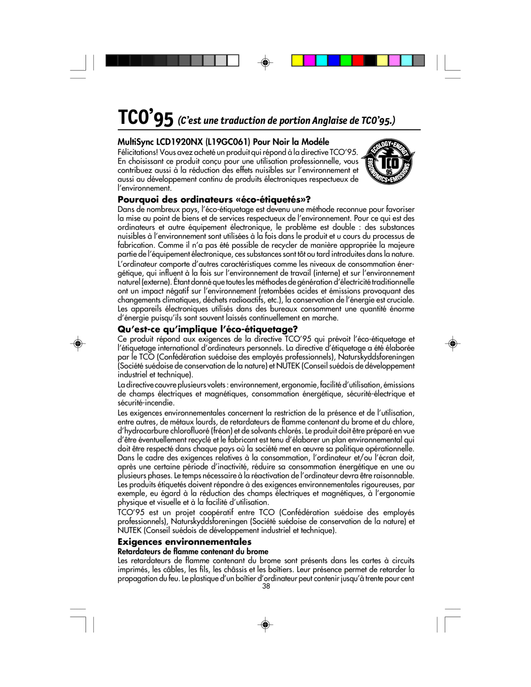 NEC LCD1920NX manual TCO’95 C’est une traduction de portion Anglaise de TCO’95, Pourquoi des ordinateurs «éco-étiquetés»? 