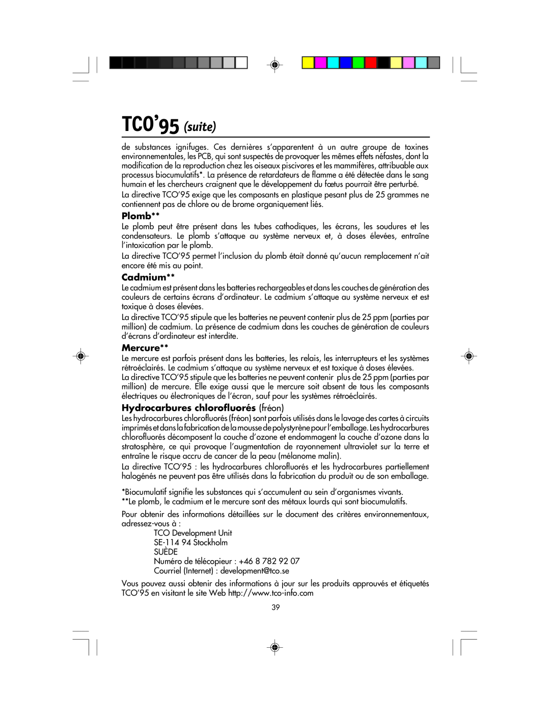 NEC LCD1920NX manual TCO’95 suite, Plomb, Cadmium, Mercure, Hydrocarbures chlorofluorés fréon 