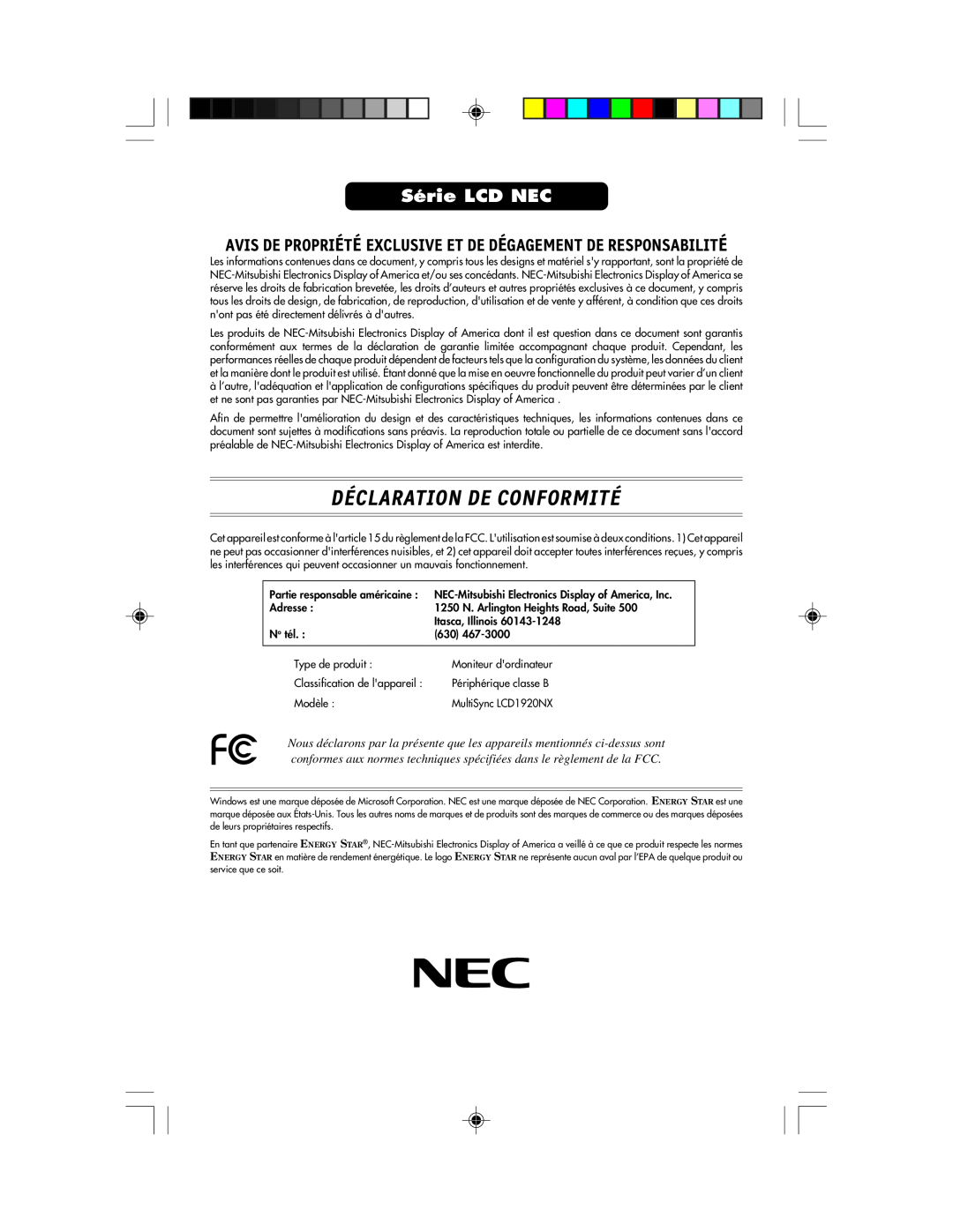 NEC LCD1920NX Déclaration De Conformité, Série LCD NEC, Avis De Propriété Exclusive Et De Dégagement De Responsabilité 