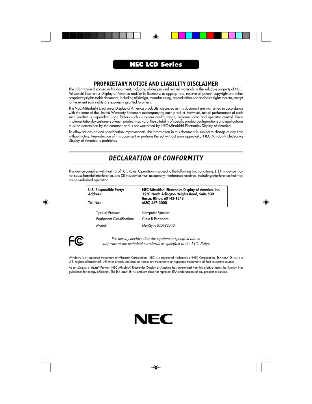 NEC LCD1920NX manual Declaration Of Conformity, NEC LCD Series, Proprietary Notice And Liability Disclaimer 