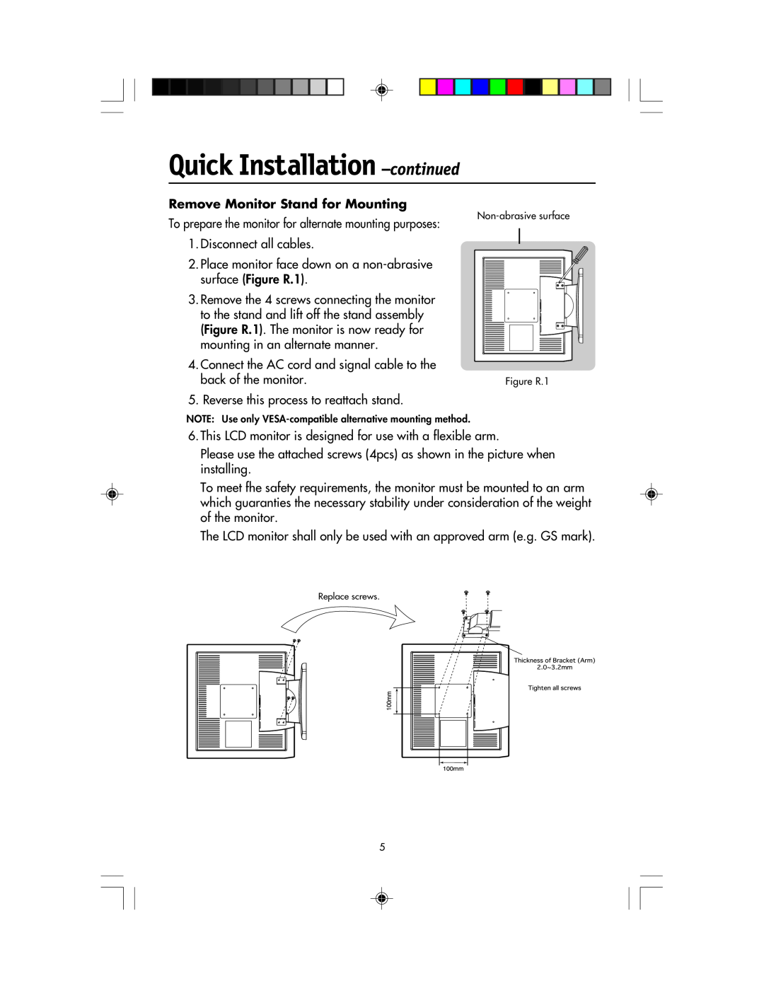 NEC LCD1920NX manual Quick Installation -continued, Remove Monitor Stand for Mounting 