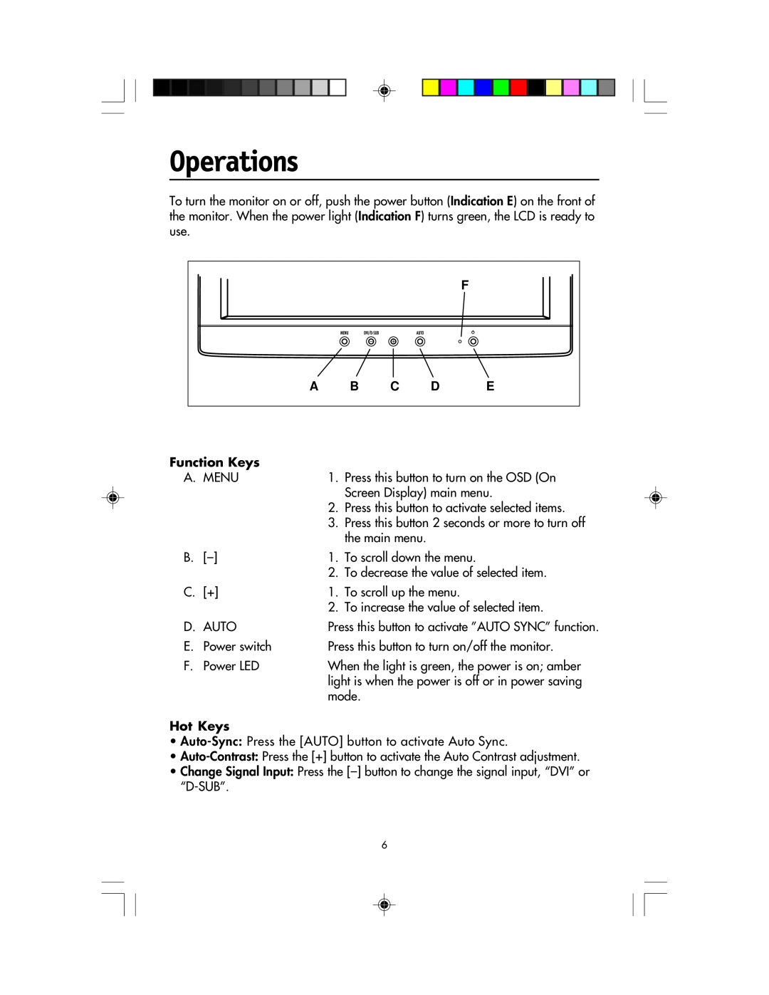 NEC LCD1920NX manual Operations, Function Keys, Hot Keys 