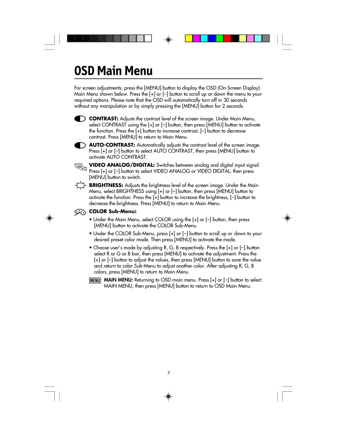 NEC LCD1920NX manual OSD Main Menu, COLOR Sub-Menu 