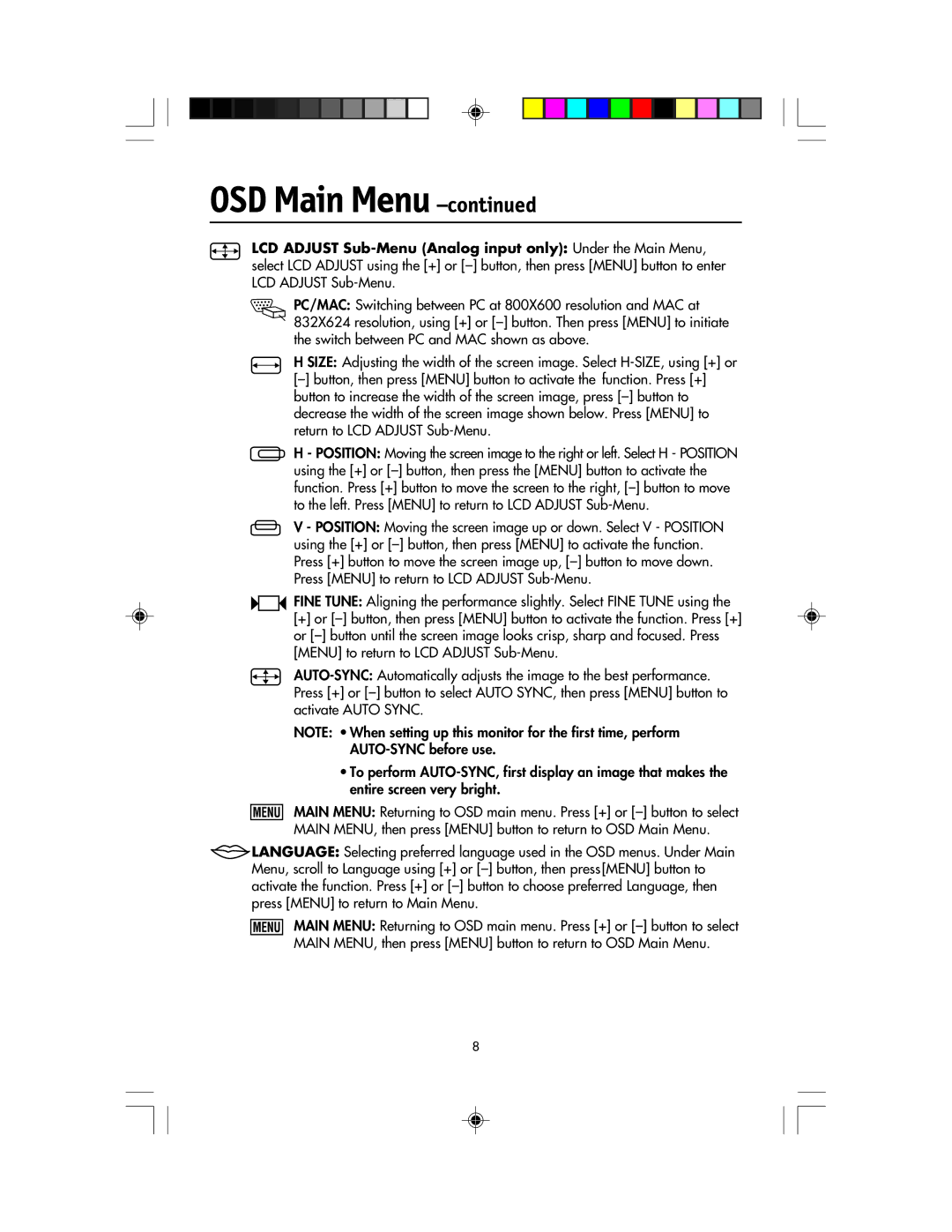 NEC LCD1920NX manual OSD Main Menu 