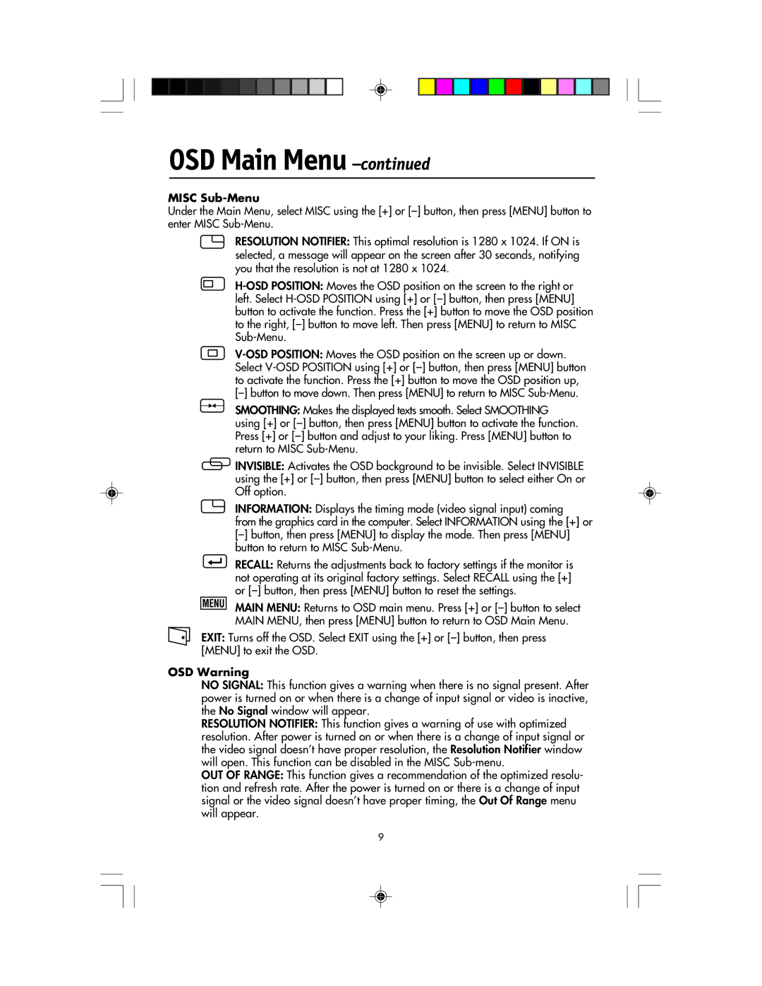 NEC LCD1920NX manual Misc Sub-Menu, OSD Warning 