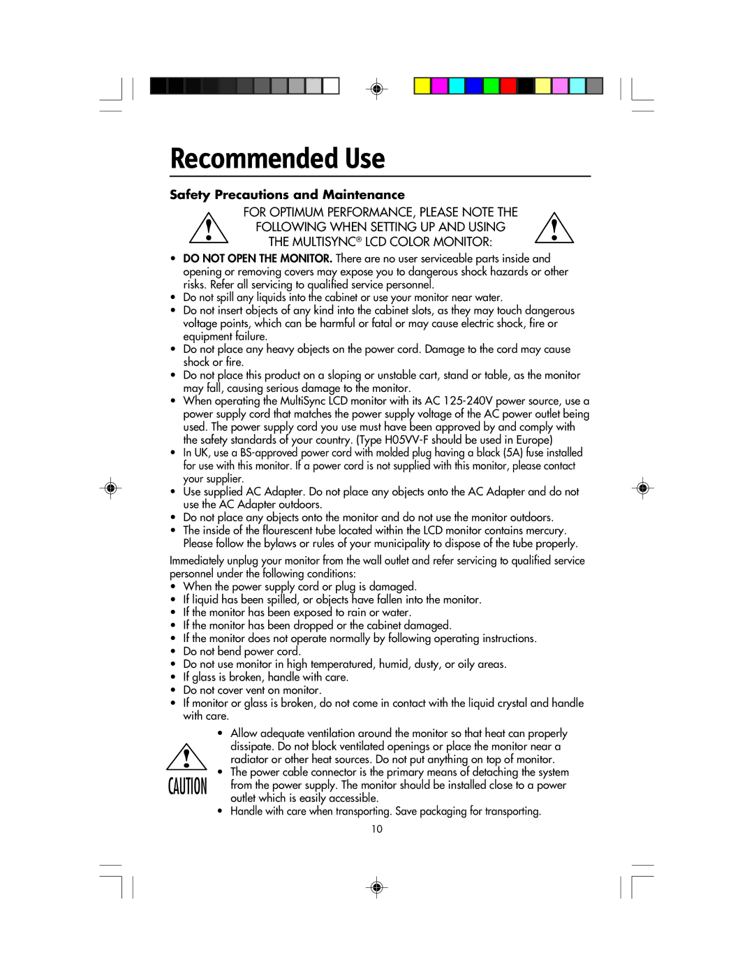 NEC LCD1920NX manual Recommended Use, Safety Precautions and Maintenance 