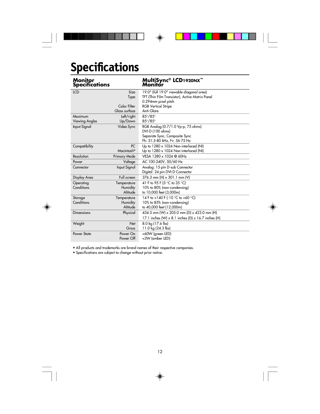 NEC manual Monitor MultiSync LCD1920NX Specifications 