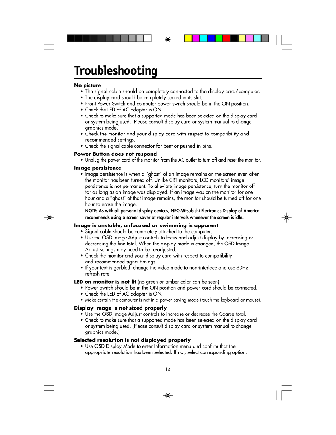 NEC LCD1920NX manual Troubleshooting 