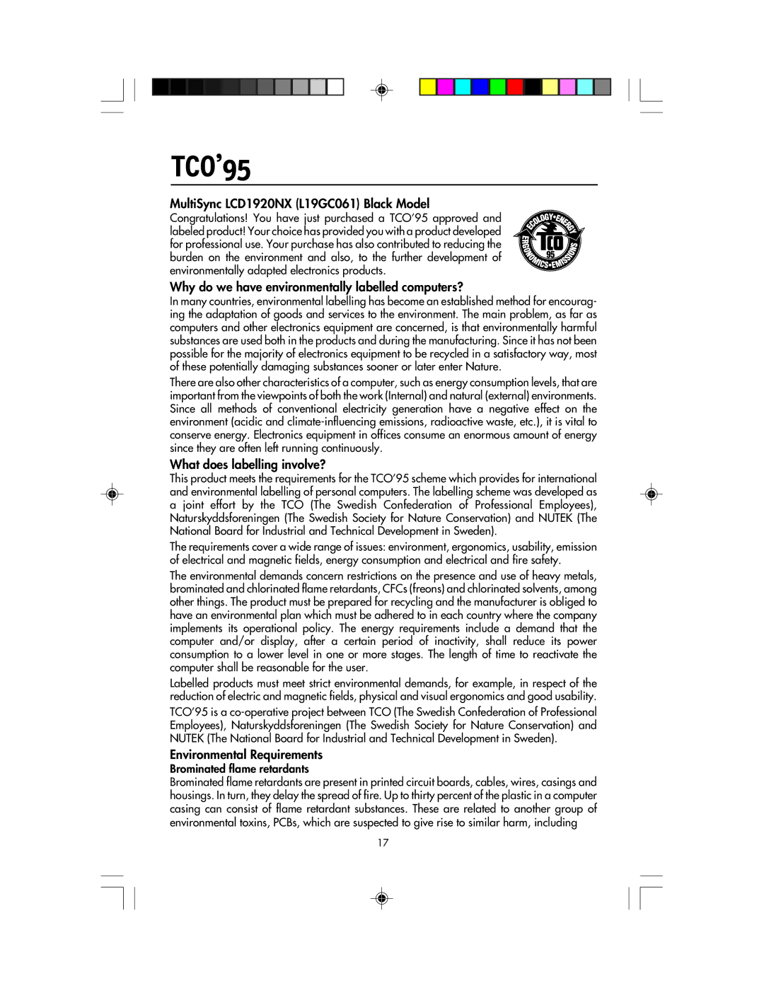 NEC manual TCO’95, MultiSync LCD1920NX L19GC061 Black Model, Why do we have environmentally labelled computers? 