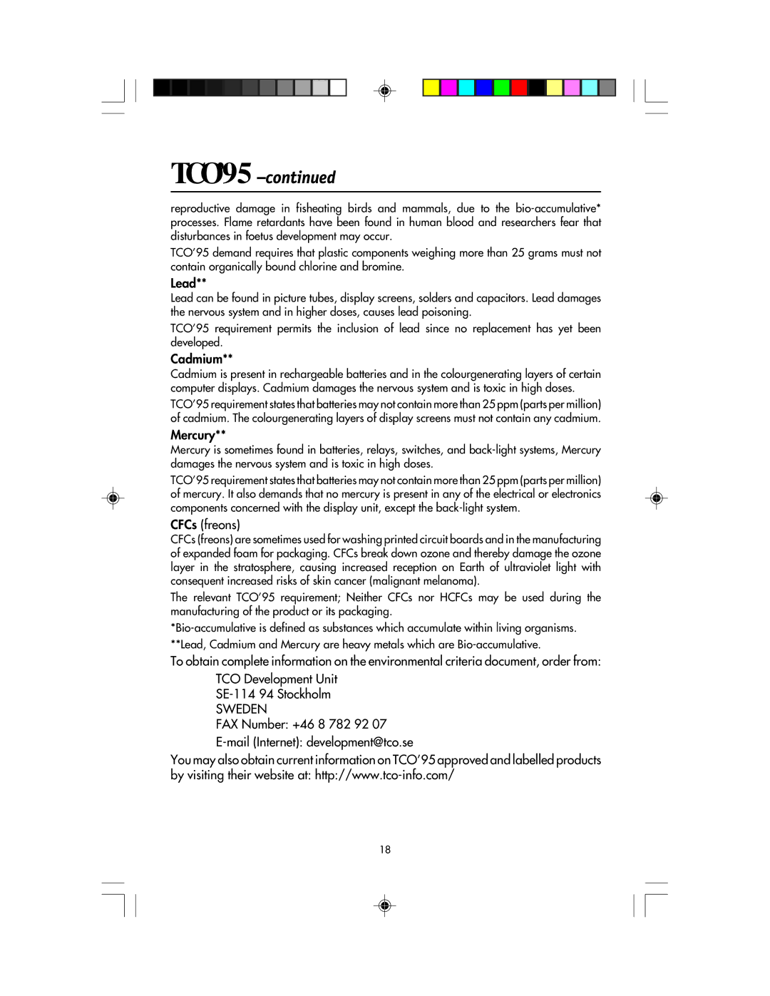 NEC LCD1920NX manual Lead, Cadmium, Mercury, CFCs freons, FAX Number +46 8 782 92 Mail Internet development@tco.se 