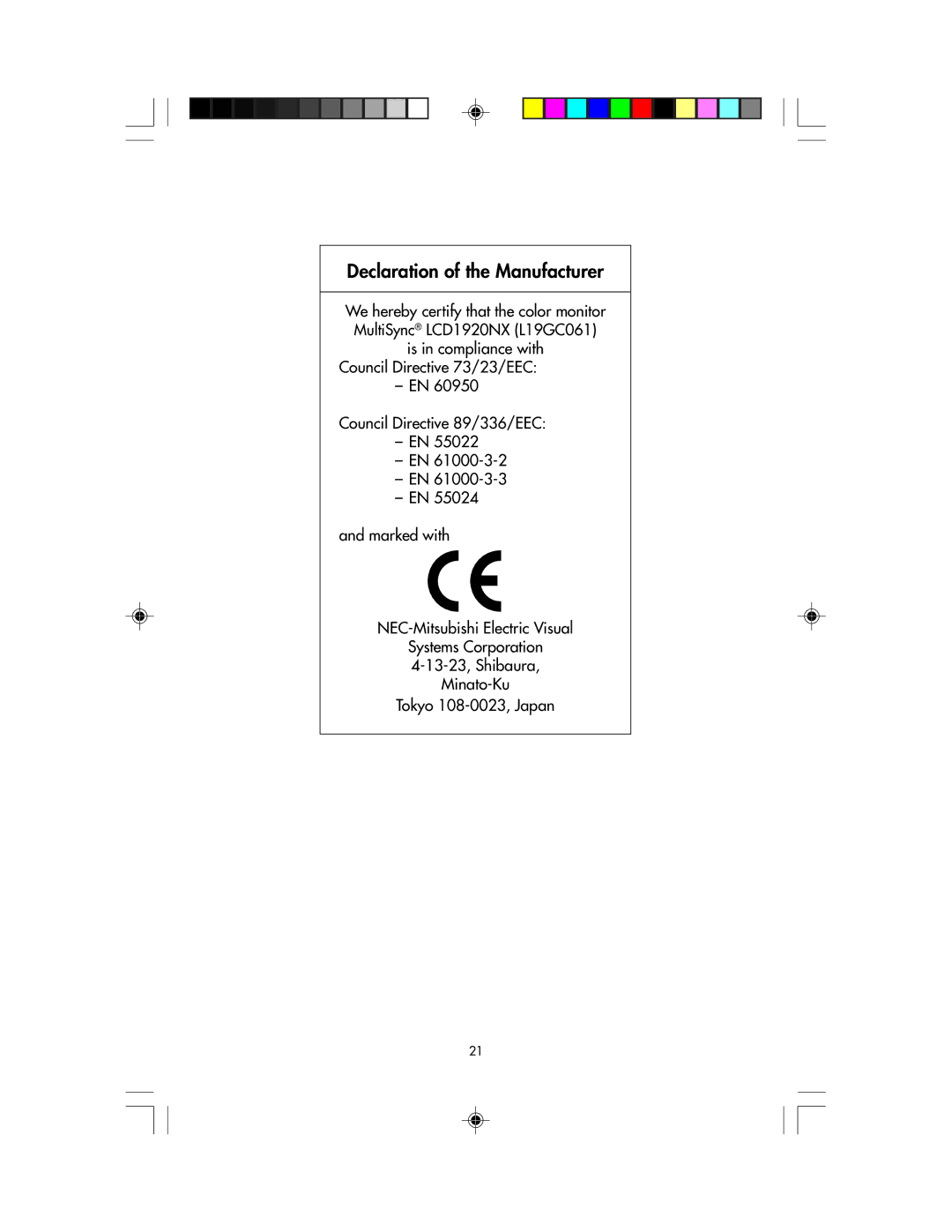 NEC LCD1920NX manual Declaration of the Manufacturer 