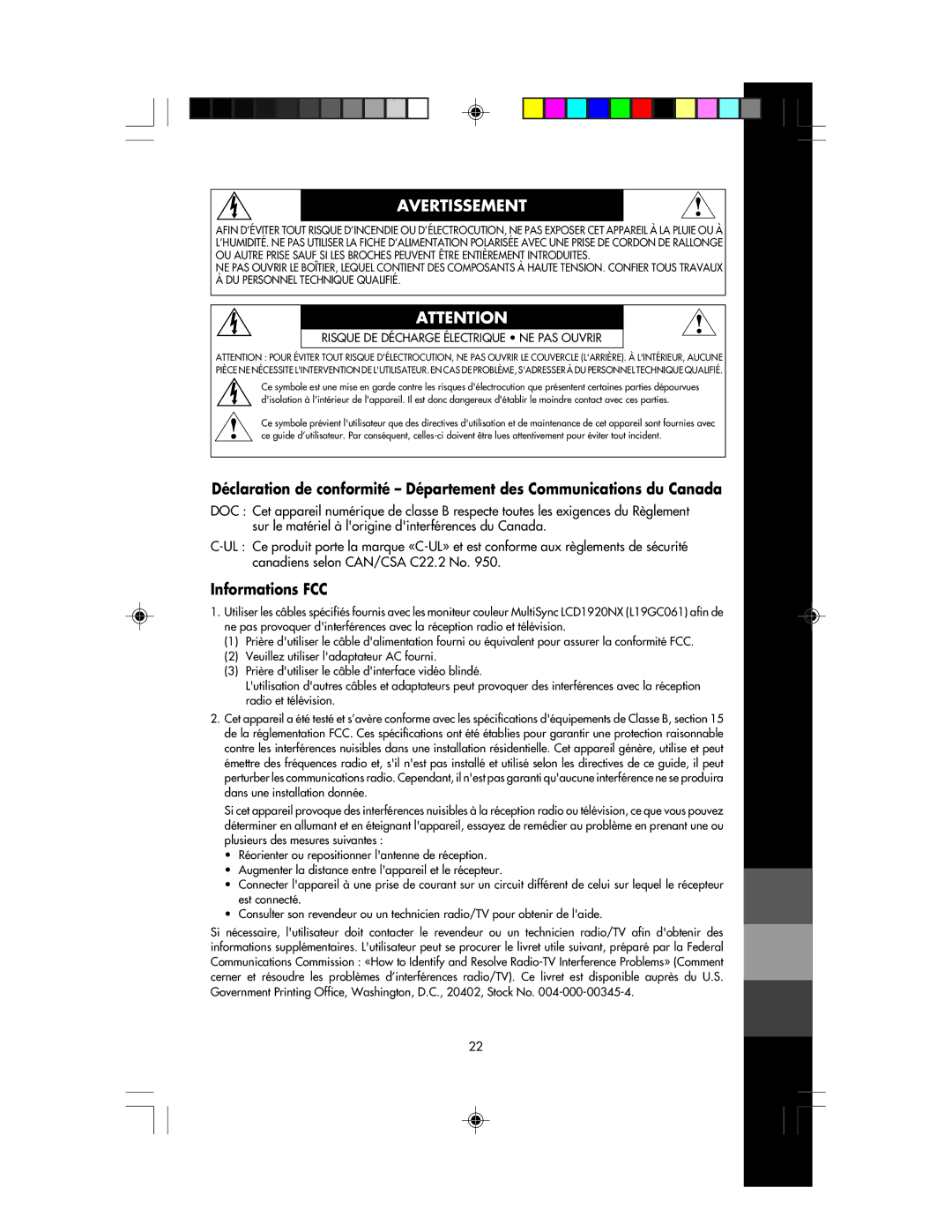 NEC LCD1920NX manual Avertissement, Informations FCC 